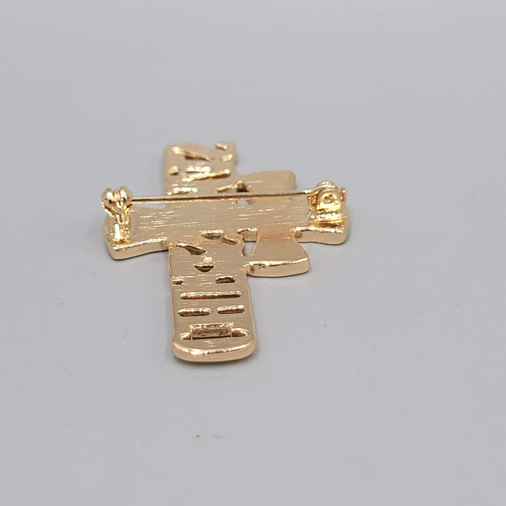 Vintage Christmas Brooch Plaid Flannel Cross Gold tone 2"