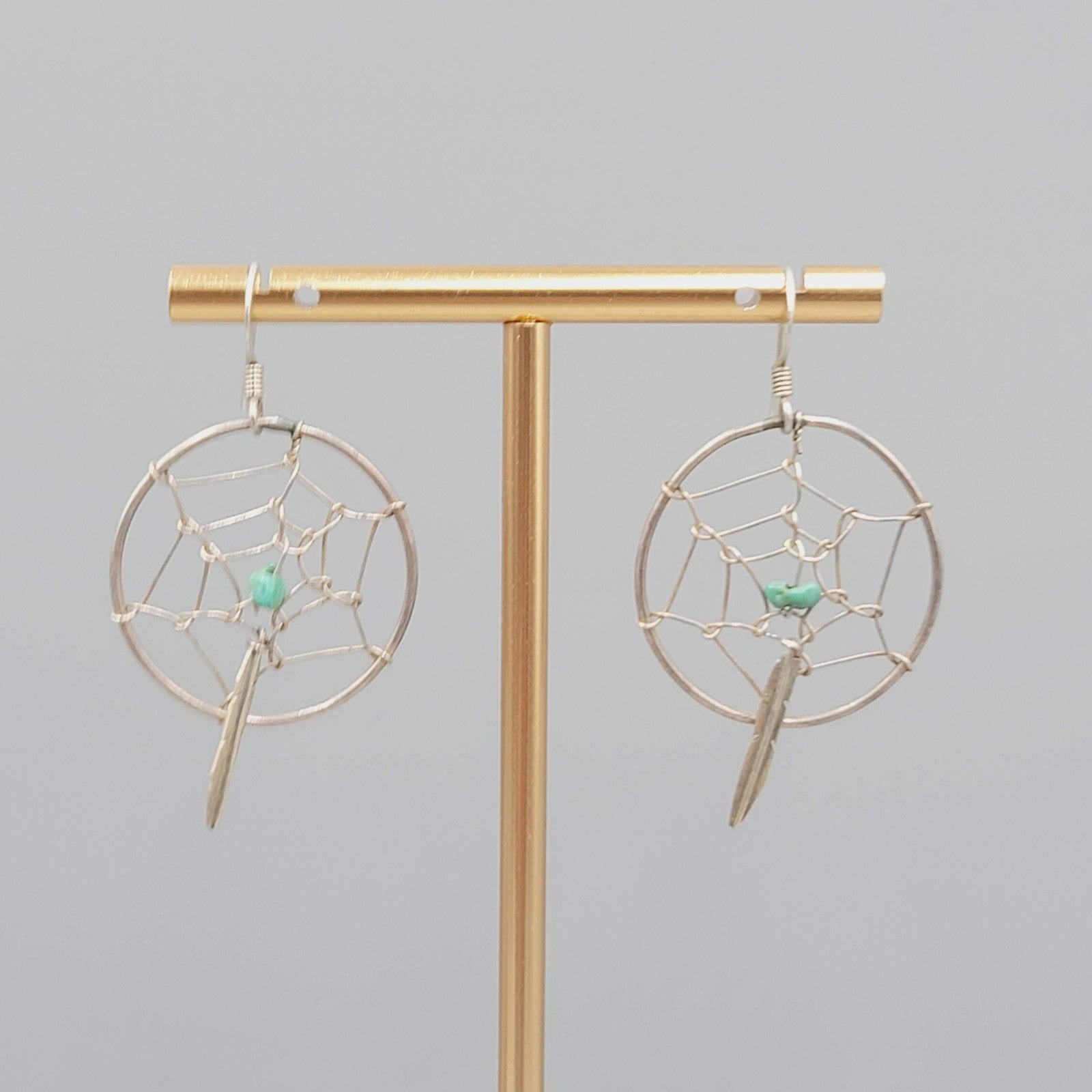 Vintage Silver tone Dreamcatcher Earrings Turquoise Feather Dangle 1.25"