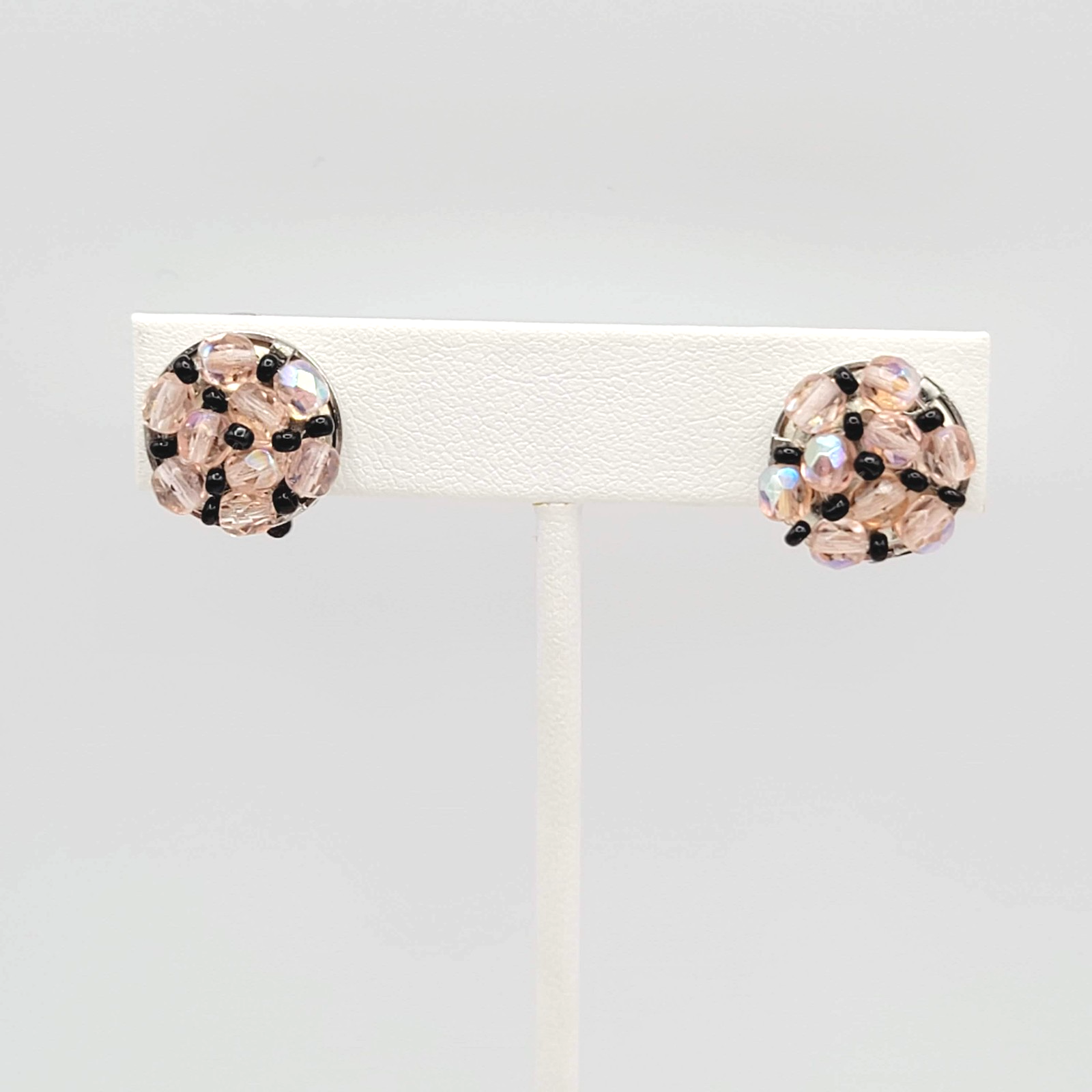 Vintage Pink Bead Stud Clip on Earrings Silver tone Round 5/8 in