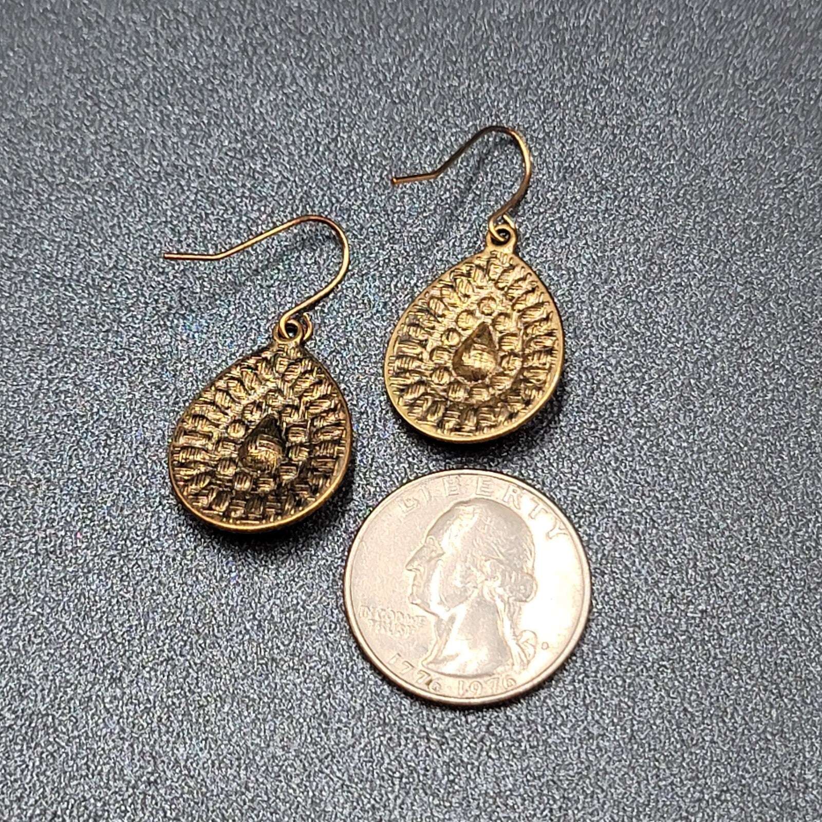 Boho Pierced Earrings Gold tone Teardrop Medallion Dangle 1"