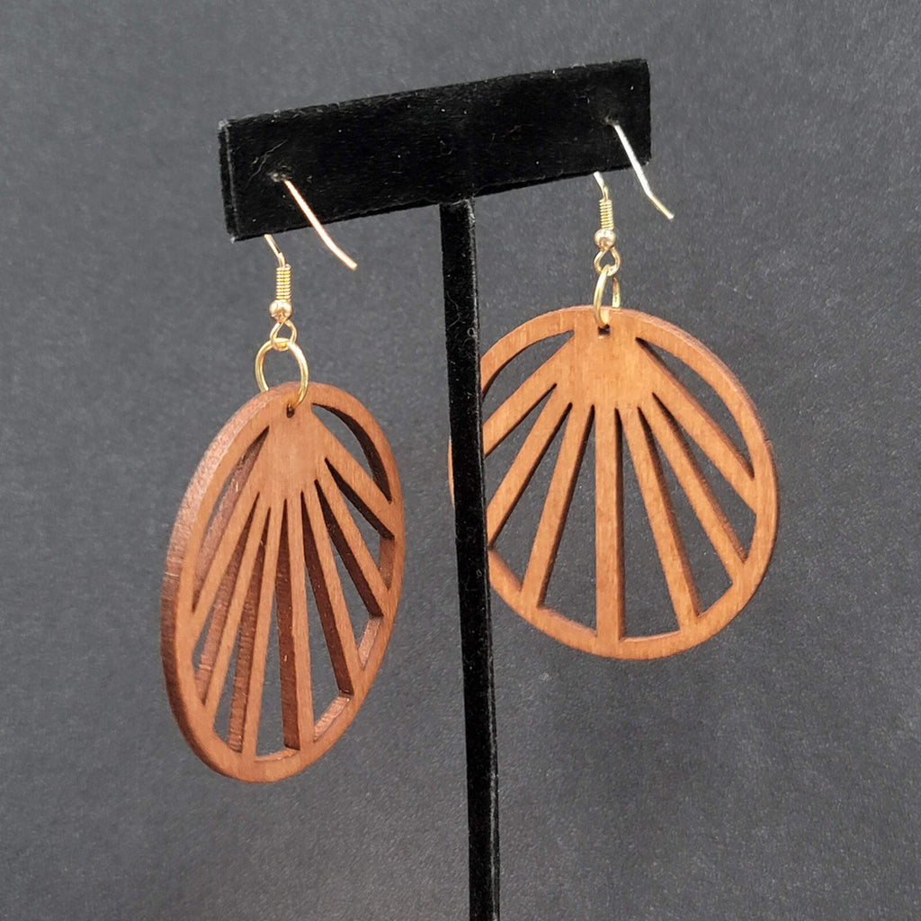 Pierced Earrings Laser Cut Boho Round Wood Dangle Gold tone 2"