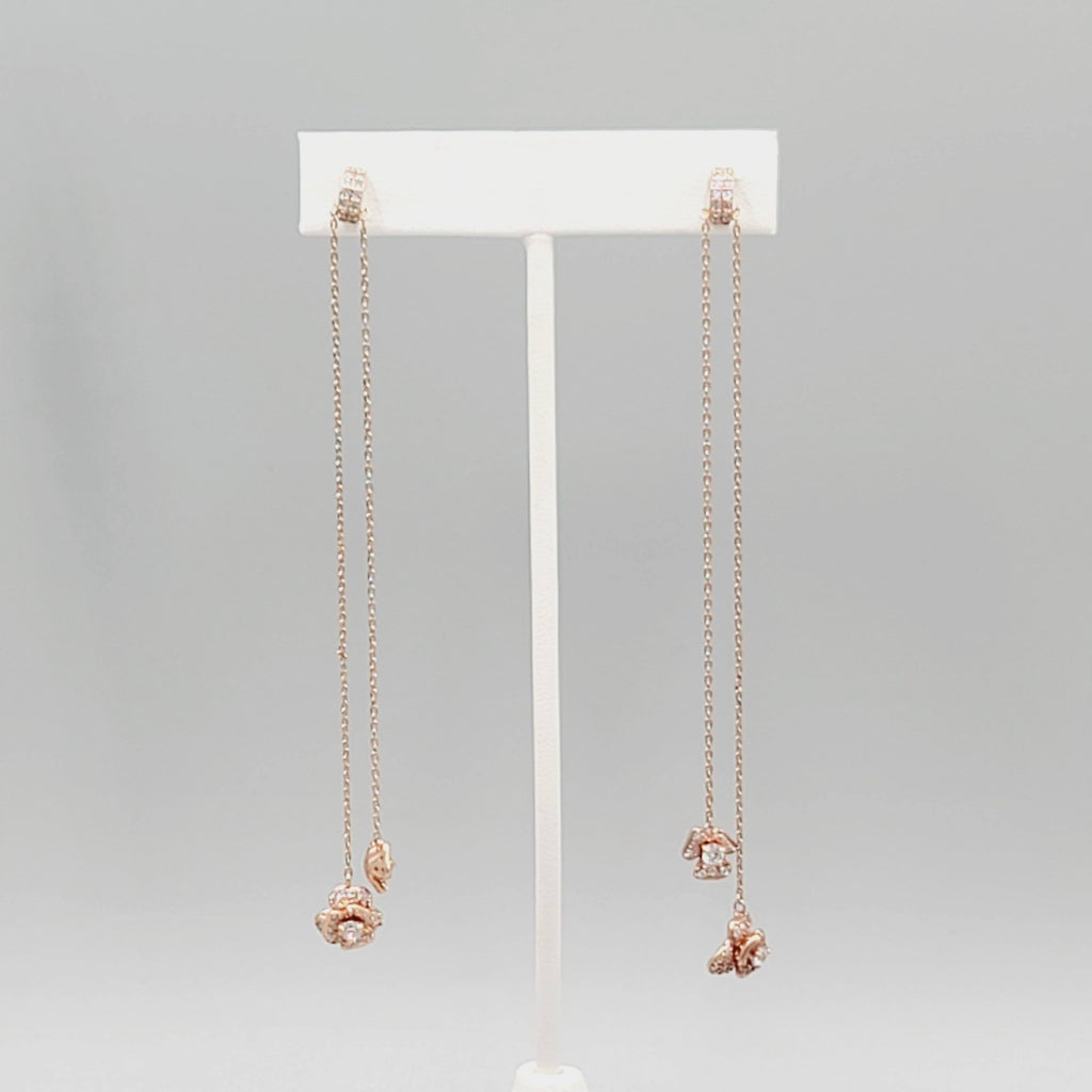 Crystal Pierced Earrings Rose Gold tone Pink LONG 4"