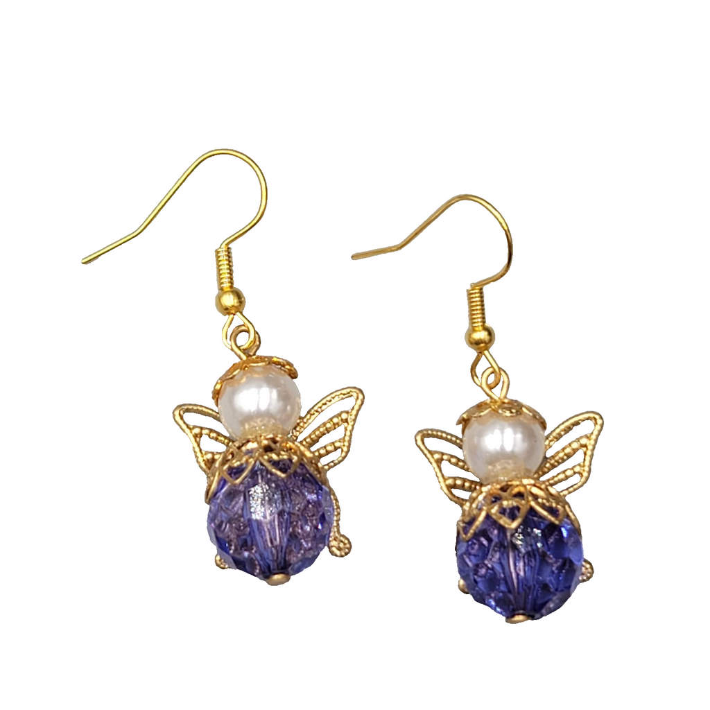 Vintage Angel Pierced Earrings Purple bead Gold tone Dangle  1"