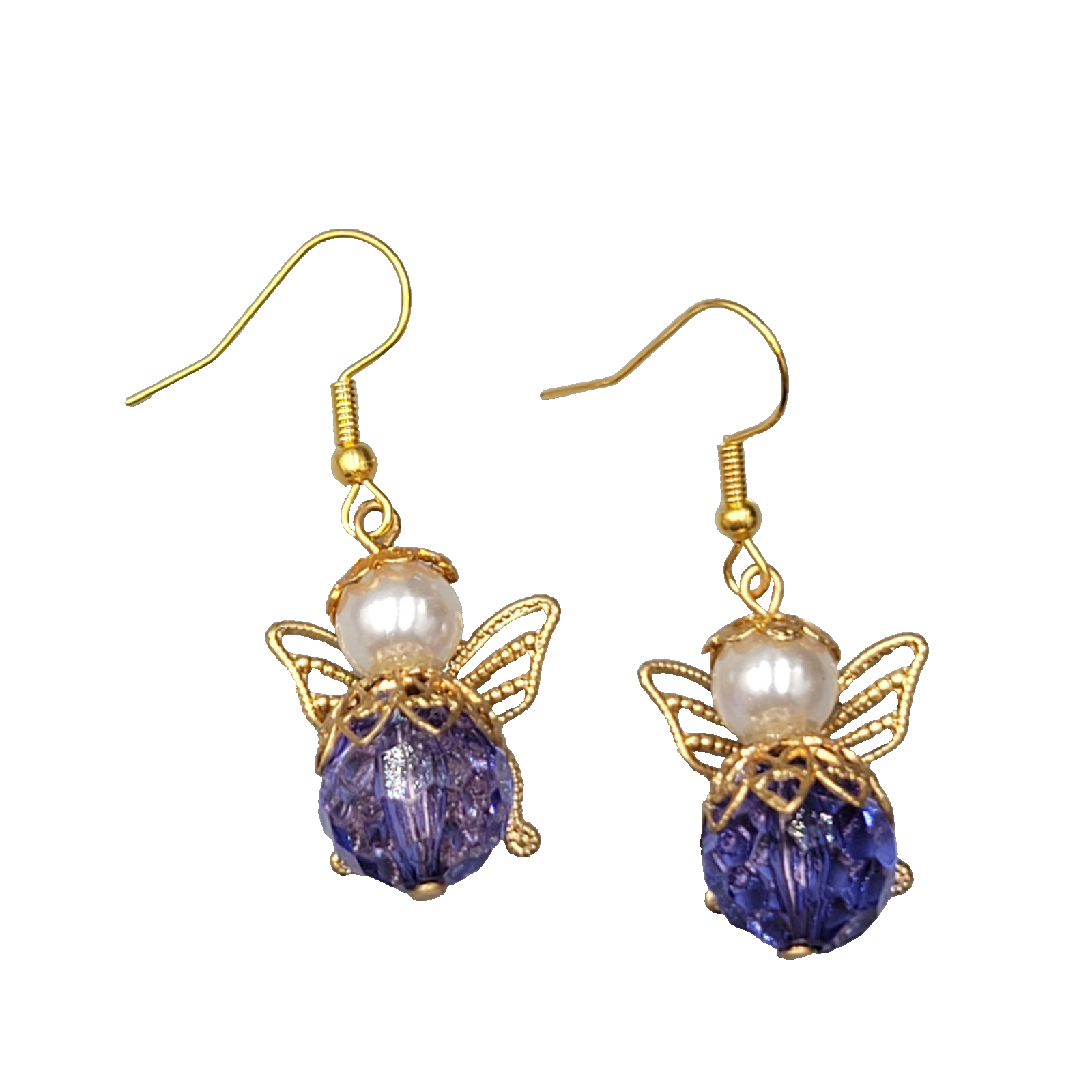 Vintage Angel Pierced Earrings Purple bead Gold tone Dangle  1"