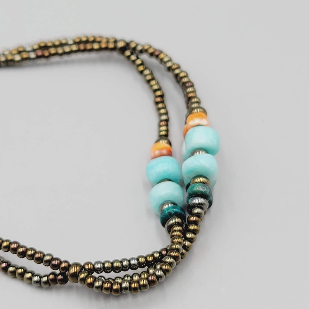 Beaded Anklet Stone and Shell Bronze tone 9.5"-11"
