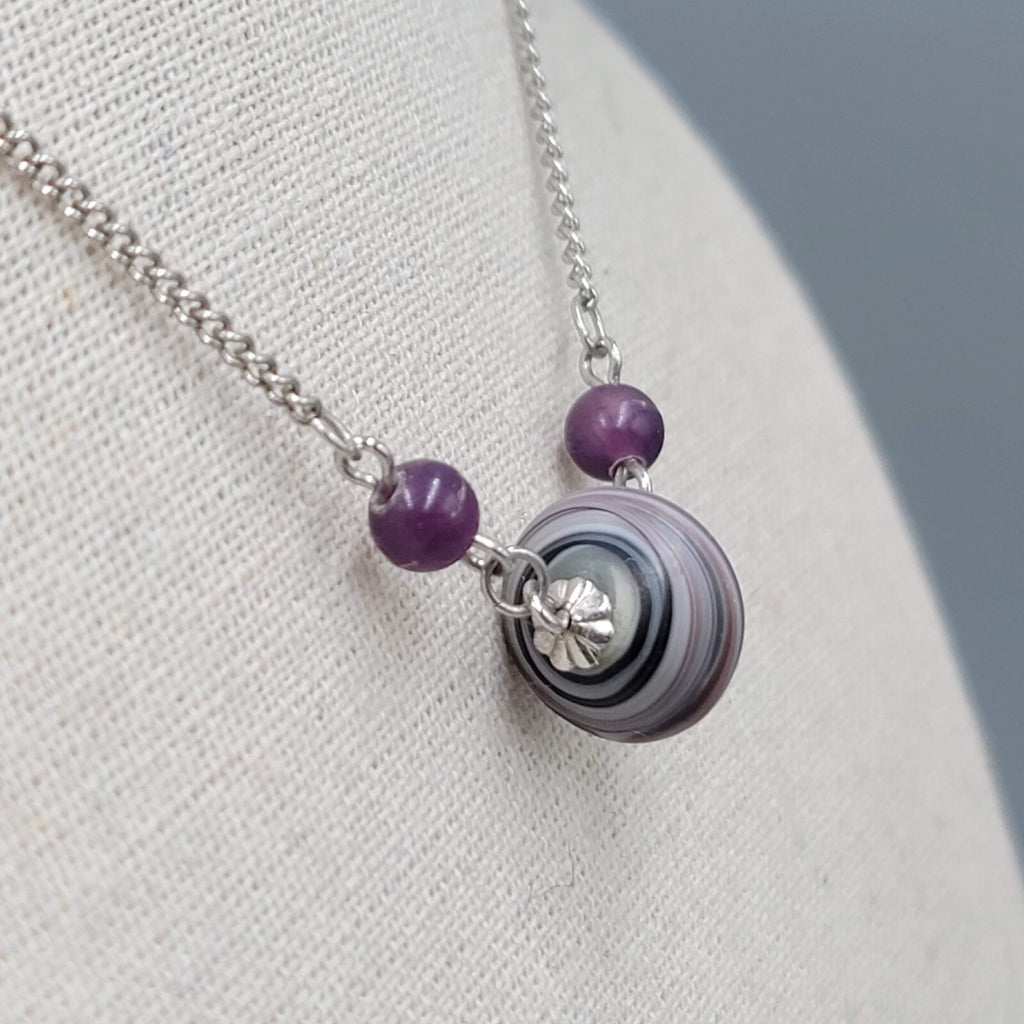 Vintage Sarah Cov Choker Necklace Silver tone Purple Gray Swirl Bead 14" 16"