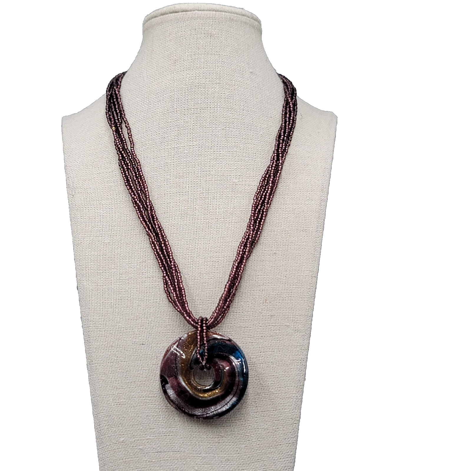 Dichroic Round Glass Pendant Necklace Seed Bead 6 Strand 20"+