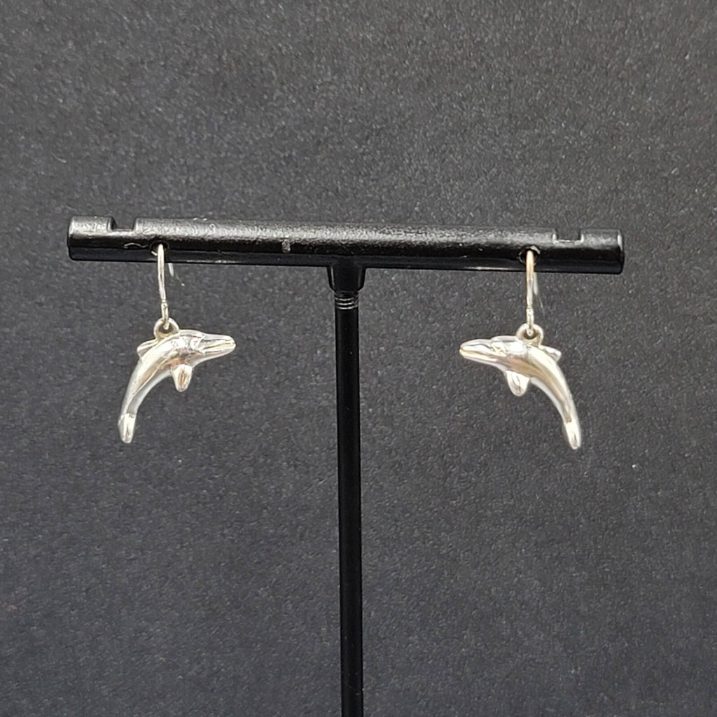 Pierced Earrings Dainty Silver tone Dolphin Dangle 3/4"