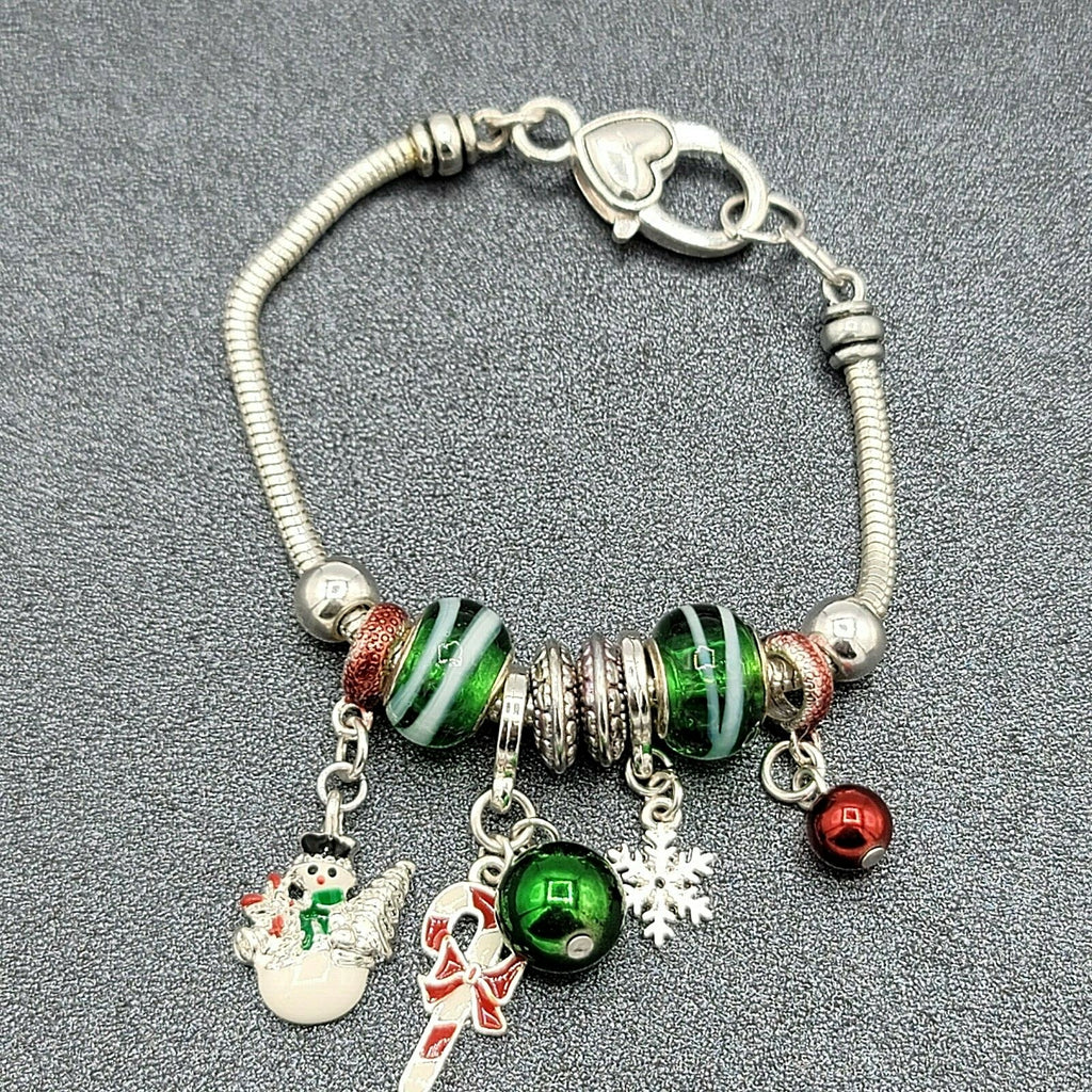 Christmas Holiday Slide Charm Bracelets 8" Silver tone 10 charms Dangle 