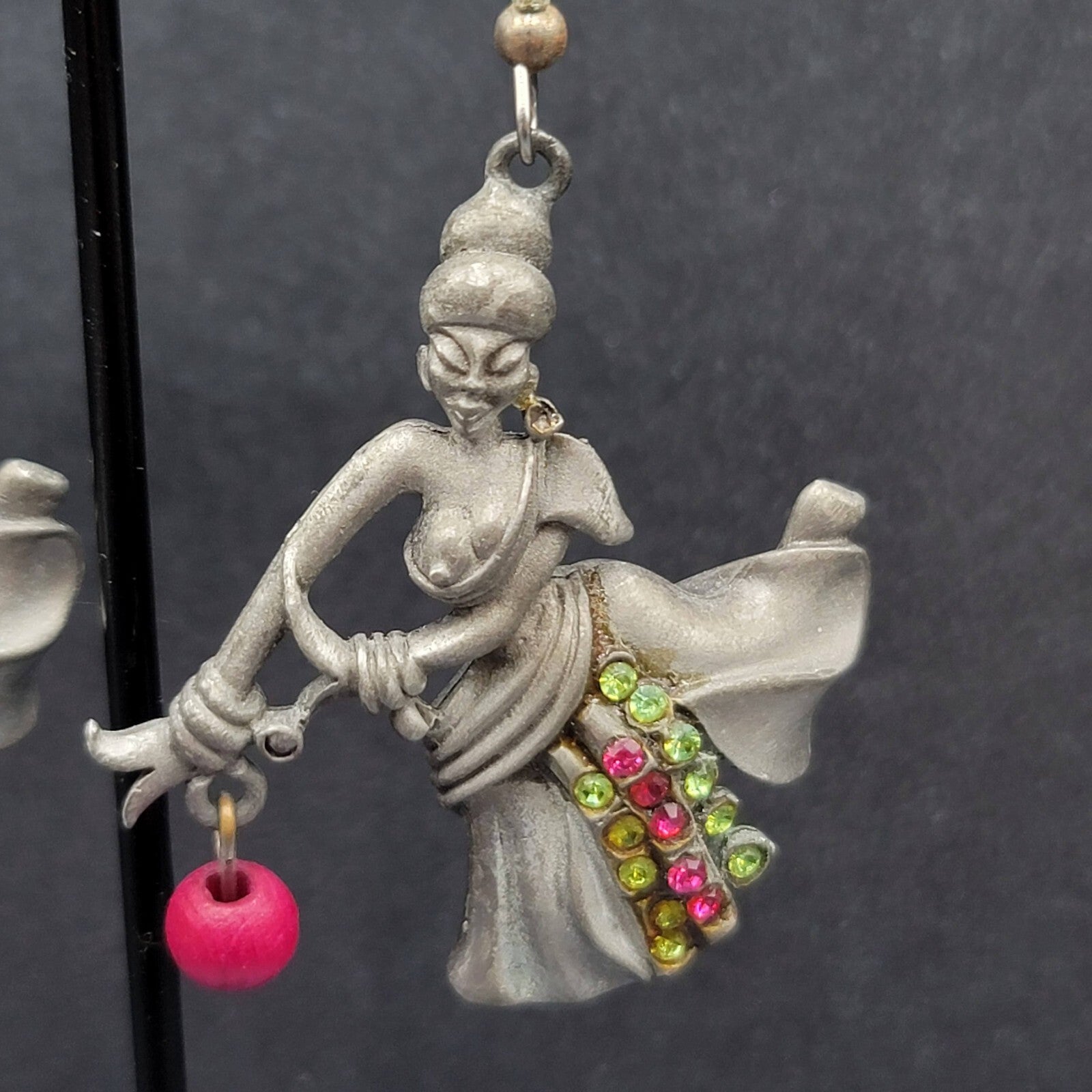 Vintage Dancer Pierced Earrings Lady Pewter Rhinestone 1.75"