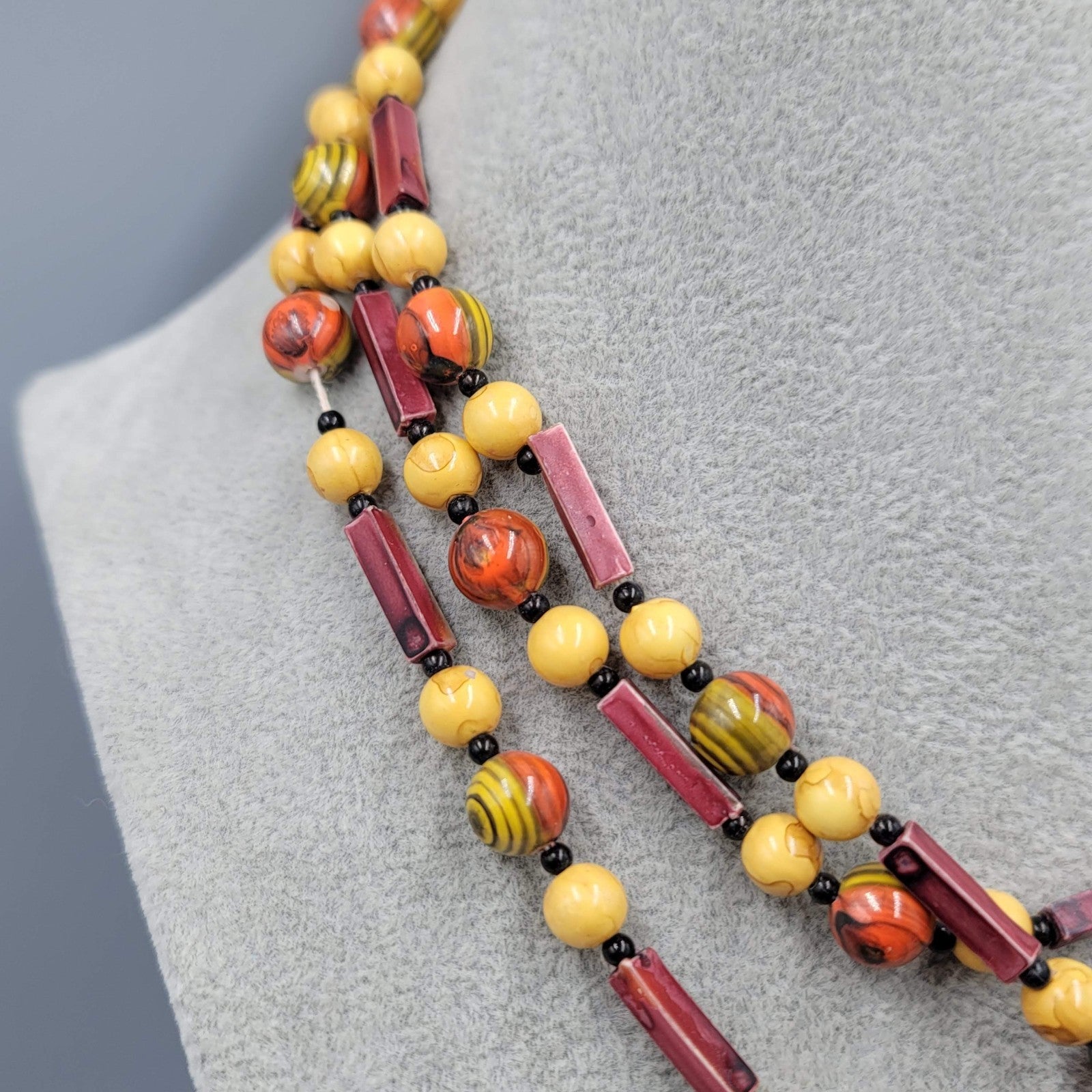 Vintage Extra Long Red Yellow Bead Necklace 52 in