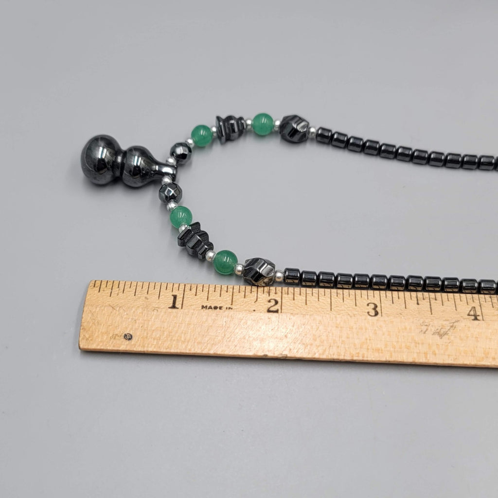 Hematite Bead Necklace Green Jade Lantern Pendant 18"