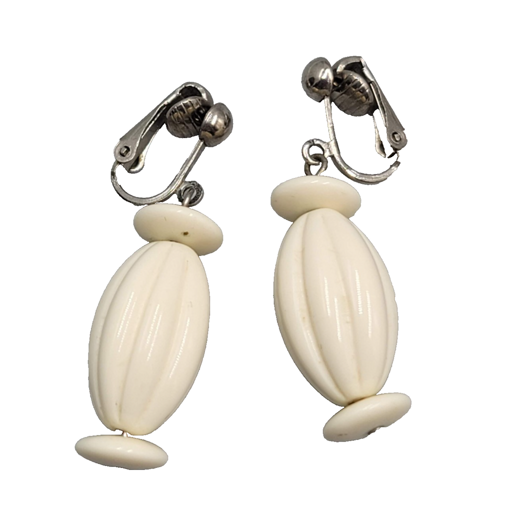 Vintage White Bead Clip on Earrings Silver tone Dangle  1.25"