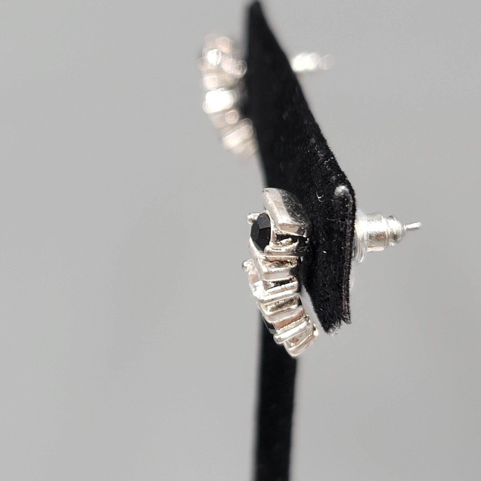 Pierced Earrings Silver tone Black Clear Crystal Drop Minimalist 5/8" 