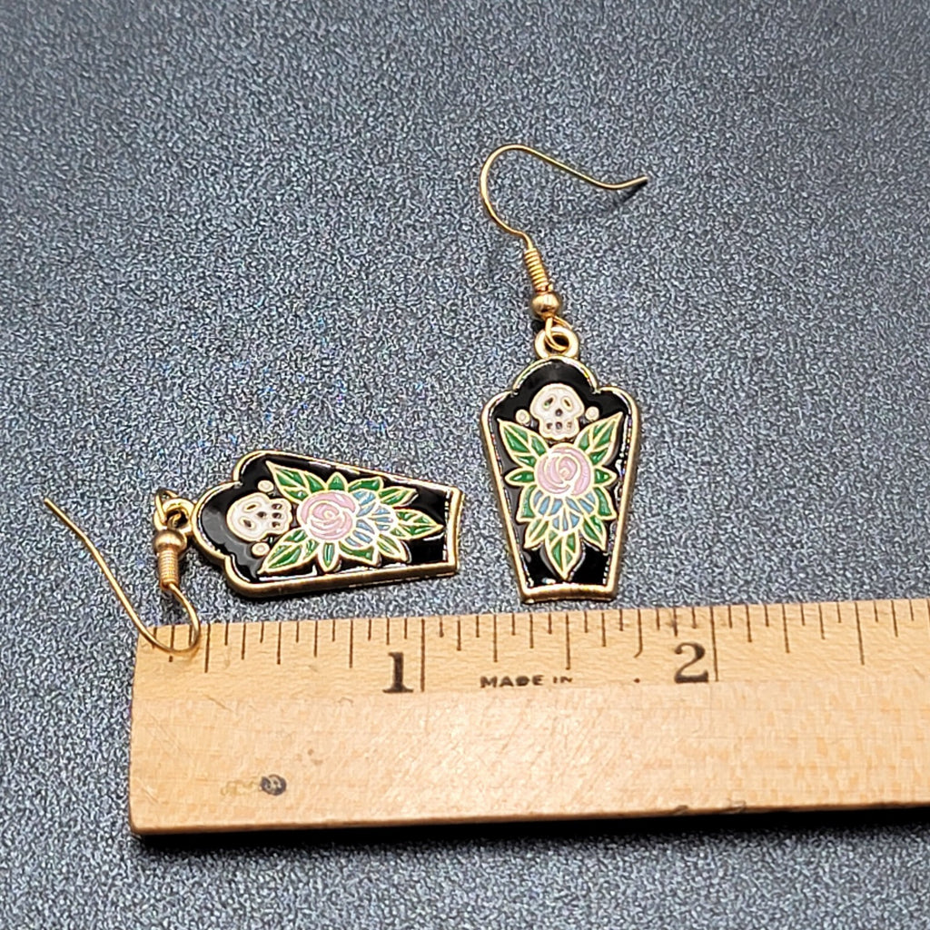 Halloween Coffin Pierced Earrings Skull Enamel Flowers Gold tone Dangle 1"