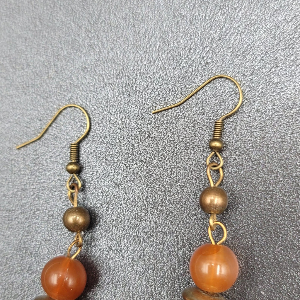 Pierced Earrings Gold tone Multi Chain Orange Bead Extra Long Dangle 4"
