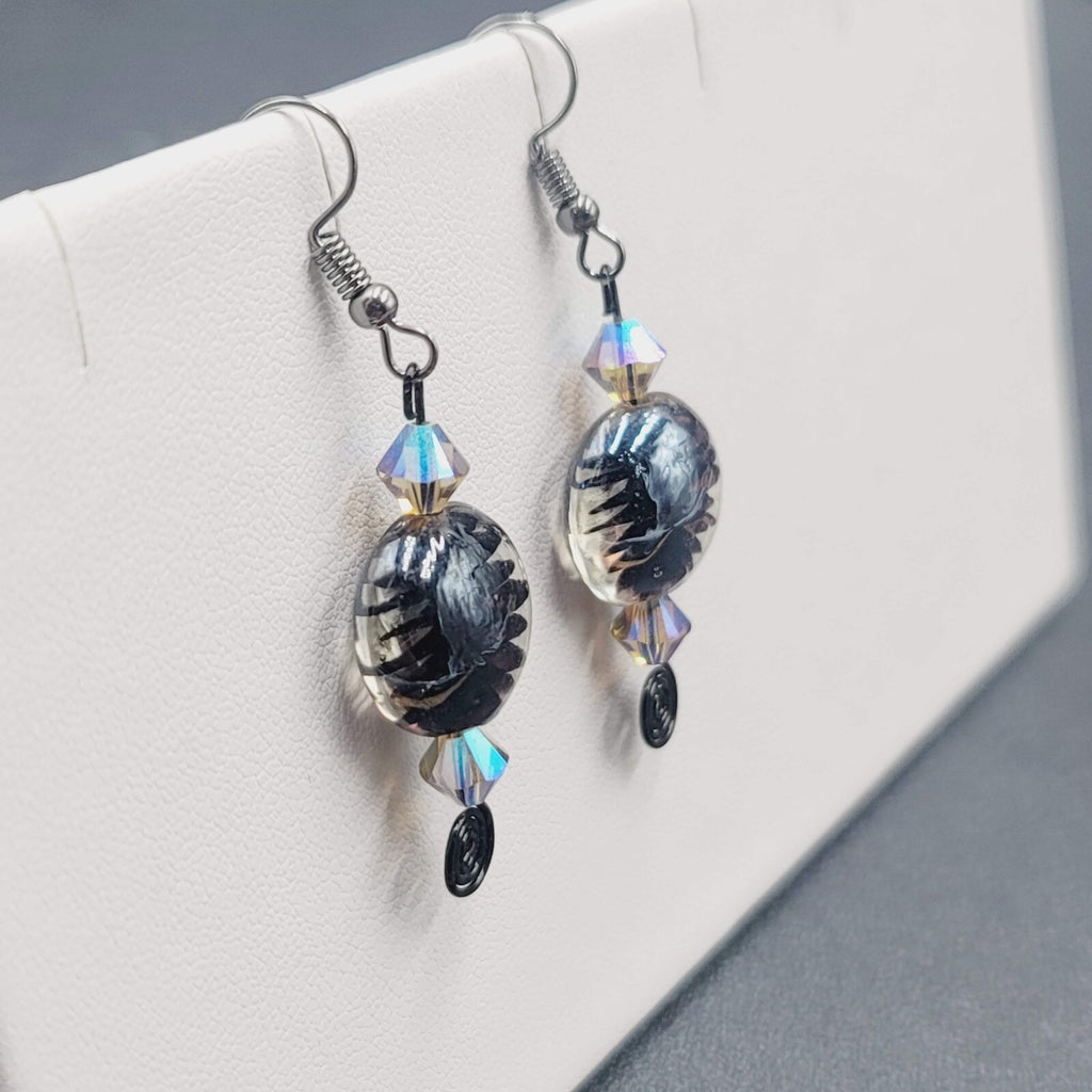 Pierced Earrings Black Art Glass Bead Crystal Black Wire Dangle 1.5"