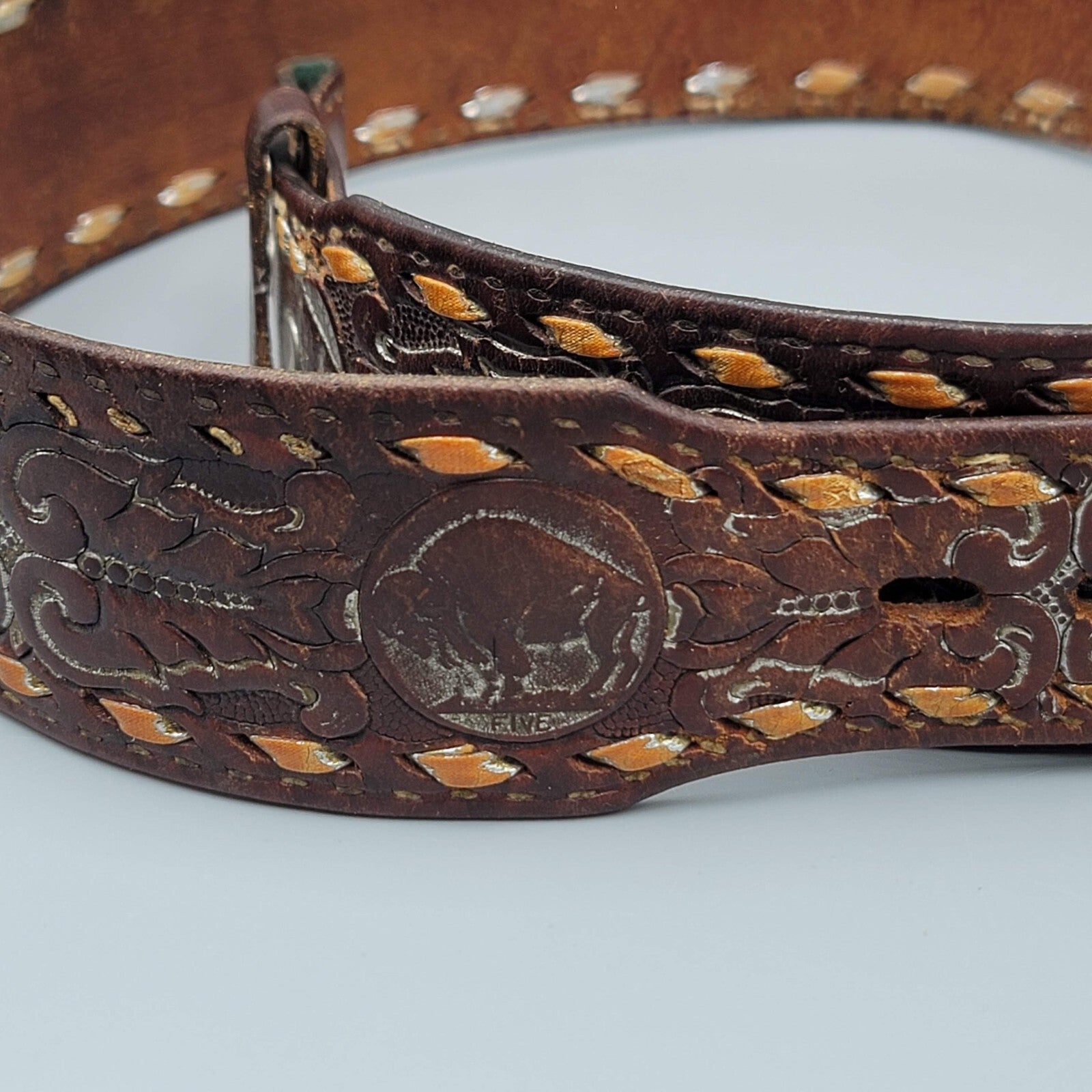 Vintage Cowtown Leather Buffalo Nickel Embossed Belt Small Pre-owned