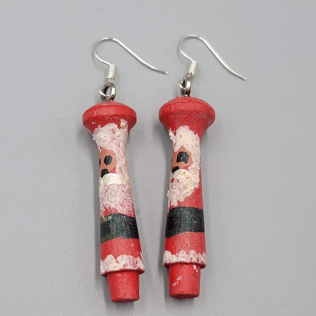 Vintage Christmas Santa Pierced Earrings Hand Painted Wood Dangle 2"