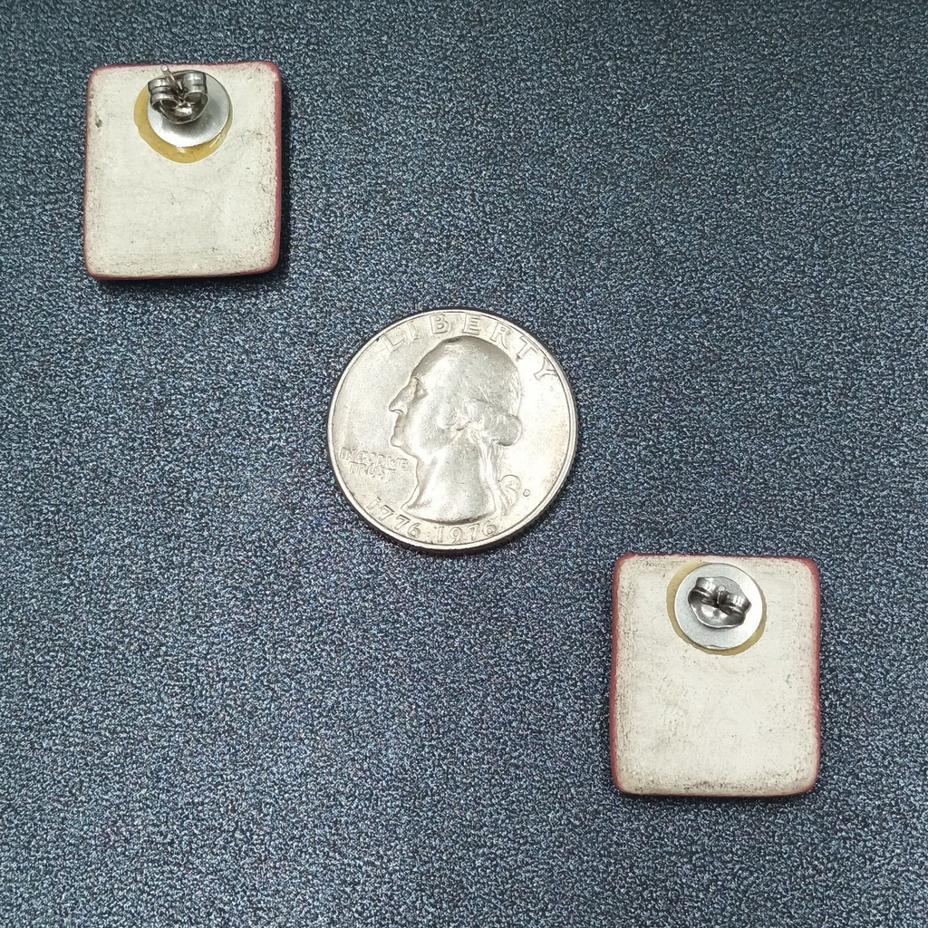 Vintage Pierced Earrings Pink Brown Geometric Ceramic Tile Rectangle Drop 7/8"