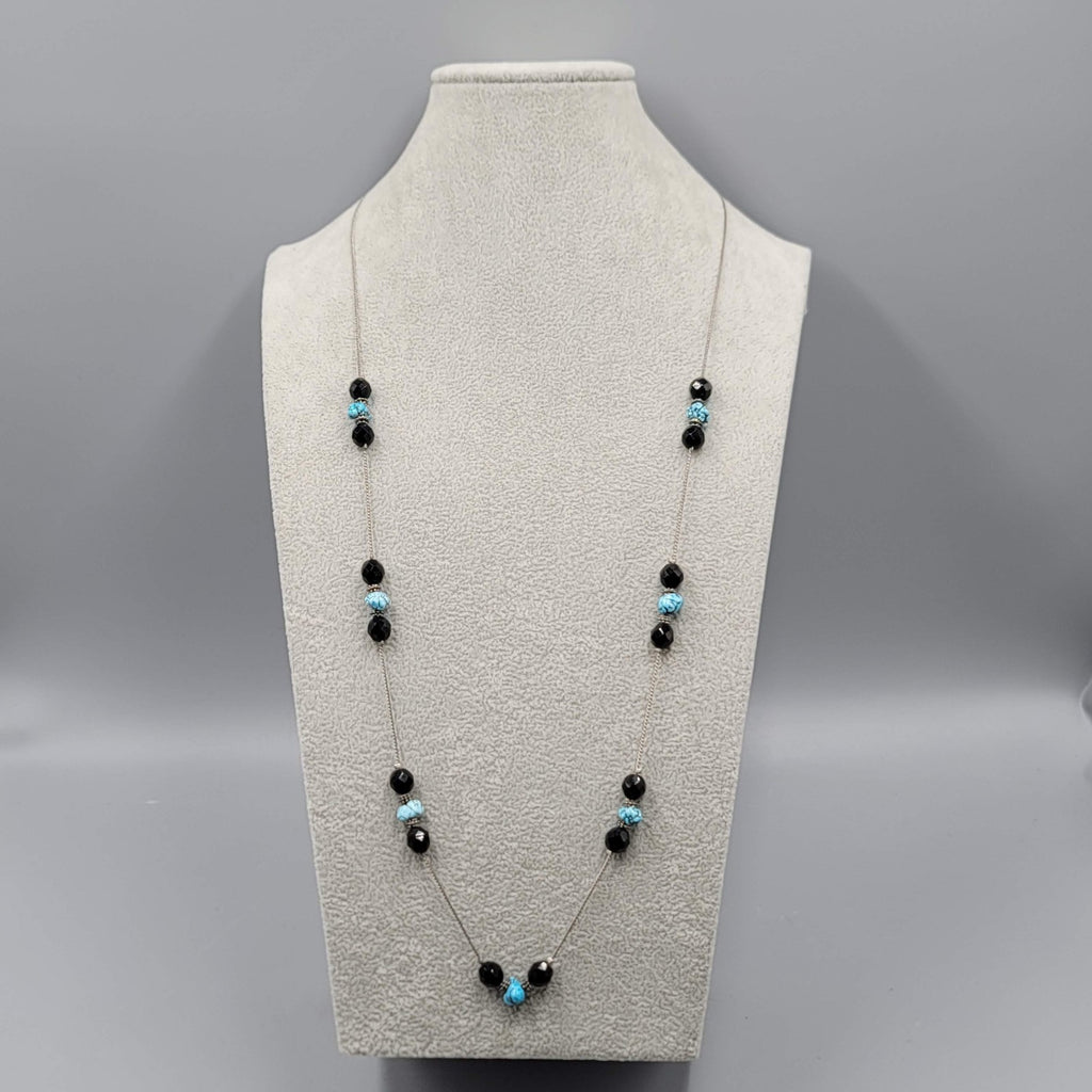Black Bead Blue Stone Long Station Necklace Silver tone 30 in