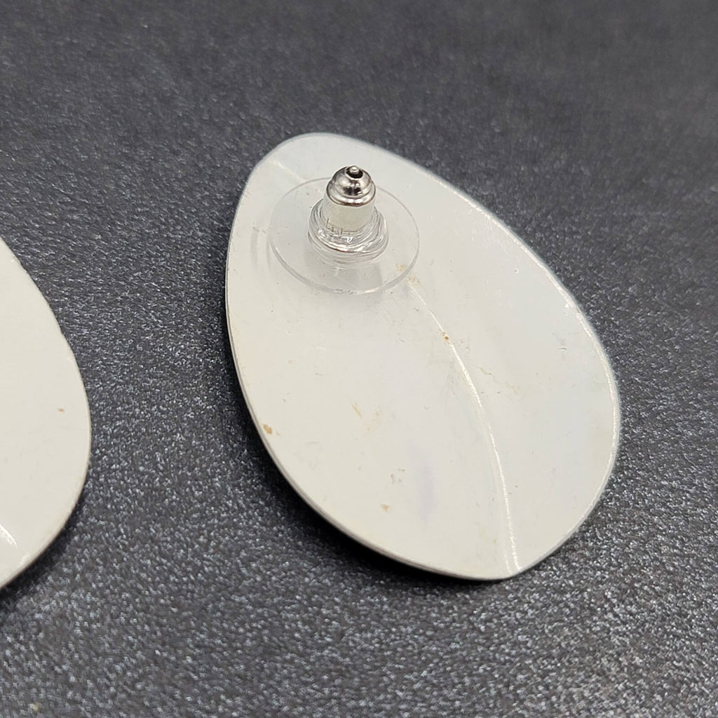 Vintage Pierced Earrings Green White Enamel Drop 1 3/8"