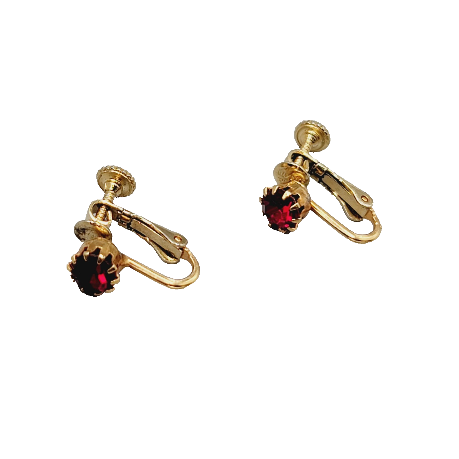 Vintage Red Rhinestone Stud Clip on Earrings Gold tone  1/4 in