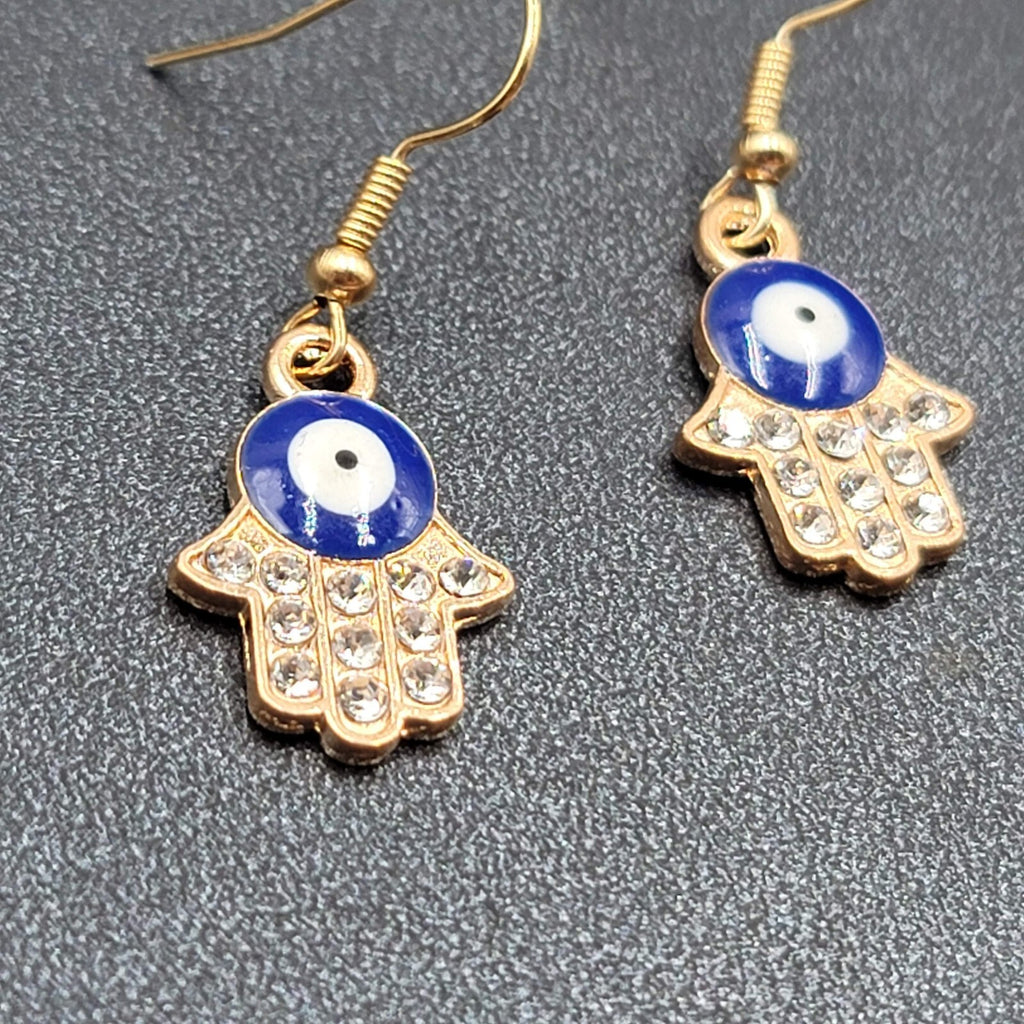 Hamsa Evil Eye Pierced Earrings Gold tone Enamel Rhinestone Dangle 7/8" New