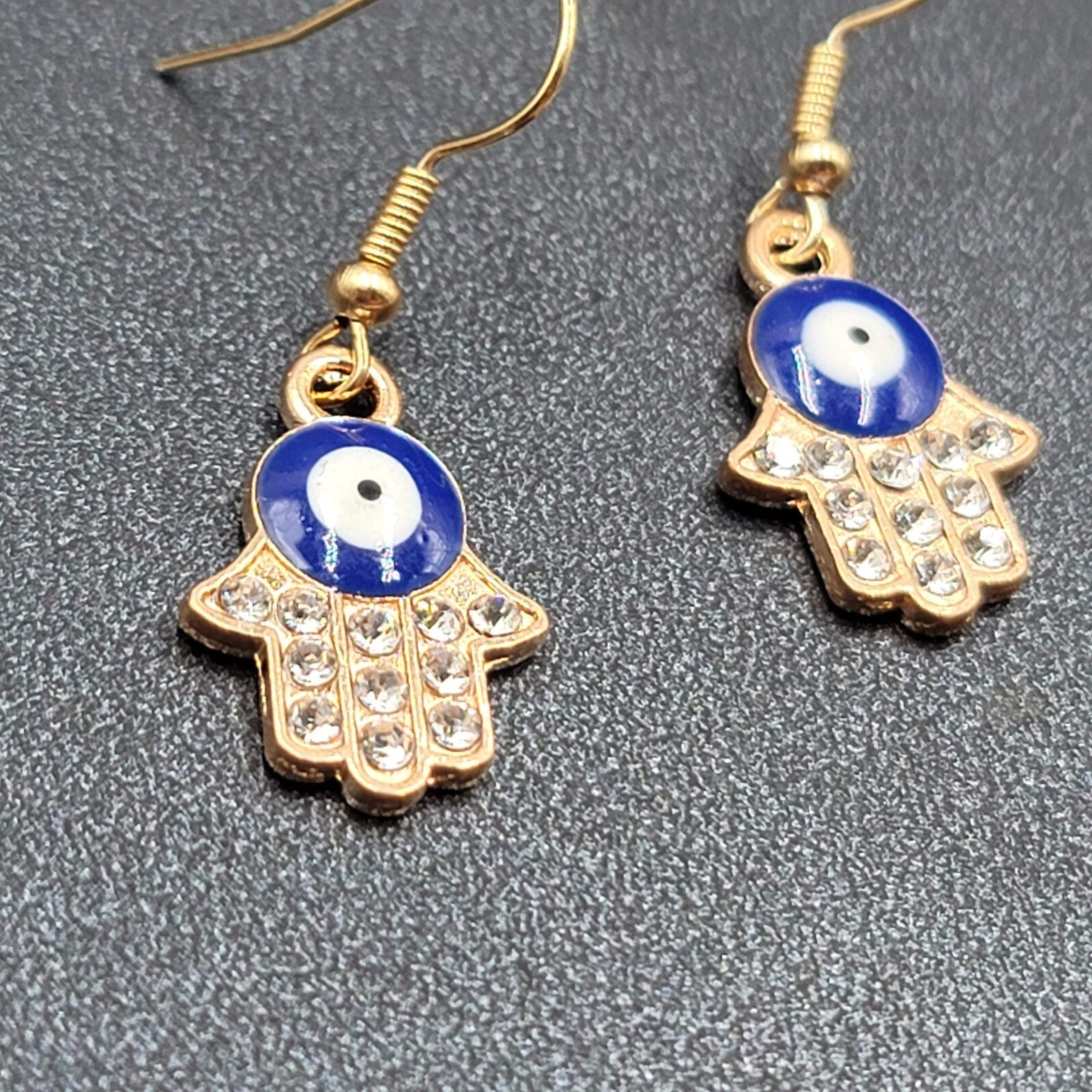 Hamsa Evil Eye Pierced Earrings Gold tone Enamel Rhinestone Dangle 7/8" New