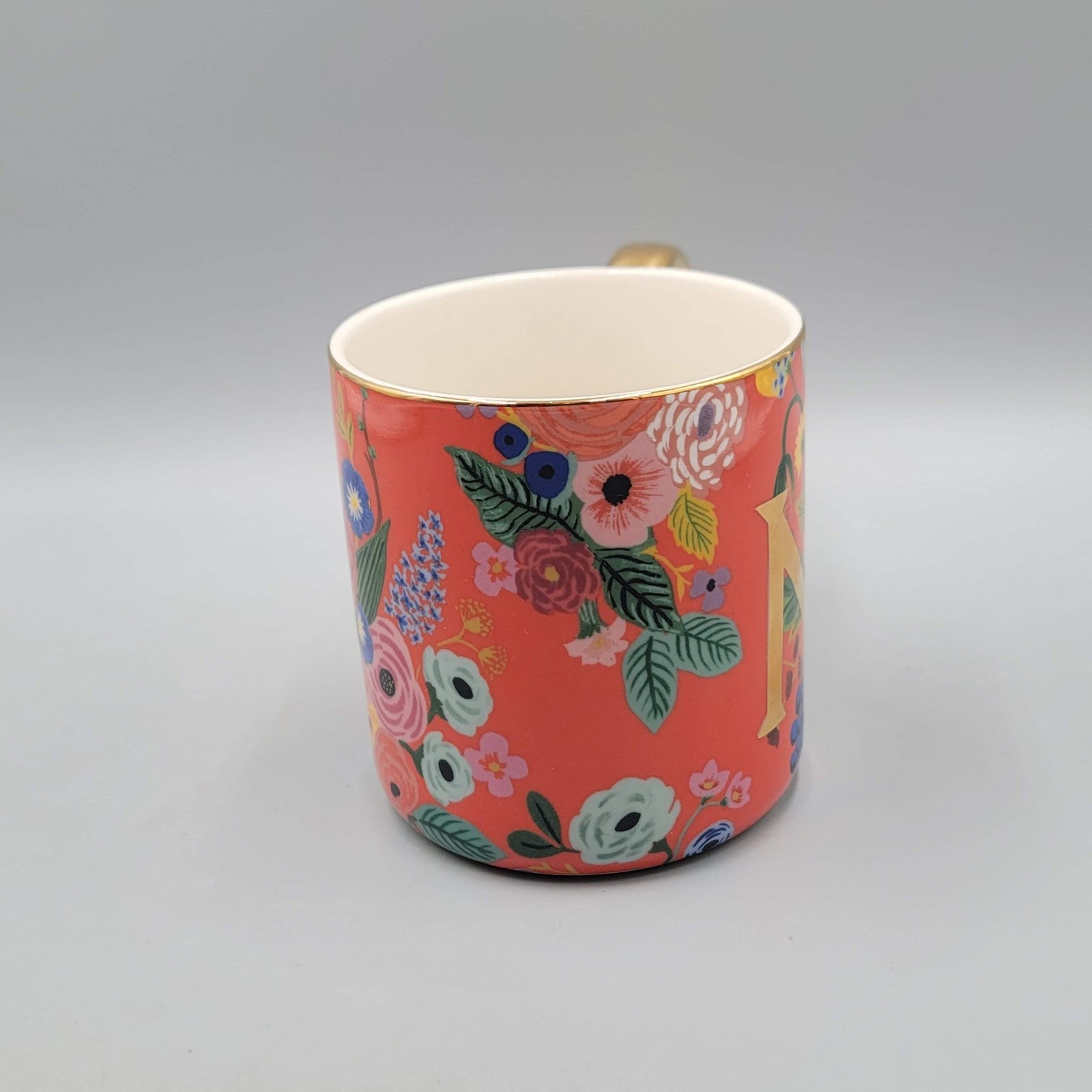 Rifle Paper Co Anthropologie Letter N Floral Mug Gold Handle Monogram Coffee Cup