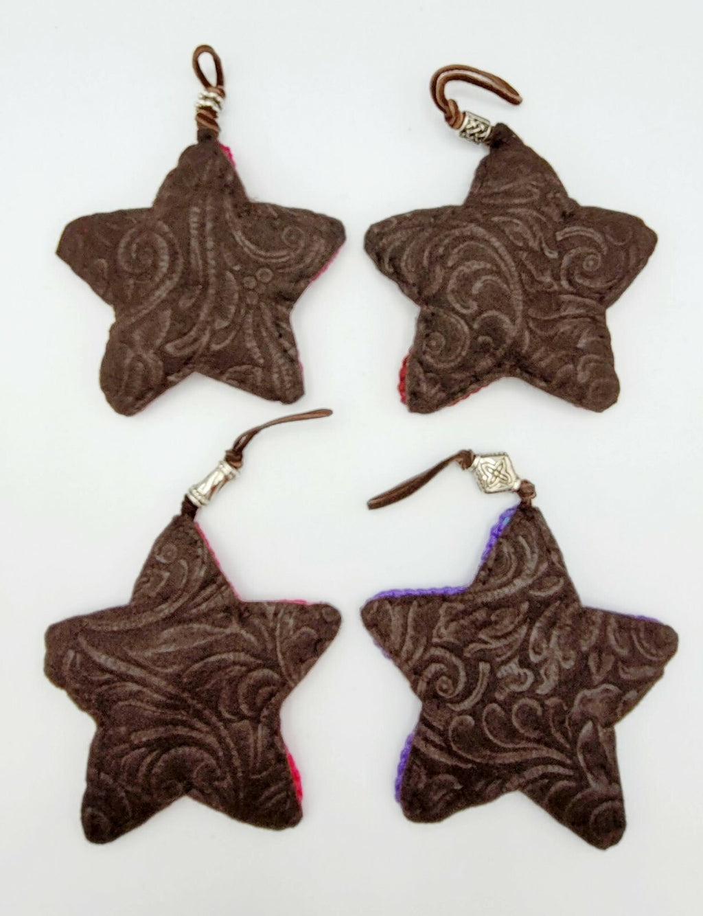 Crochet Knit Star Ornaments Lot of 4 Multi color Felt Back Leather hanger 4 in