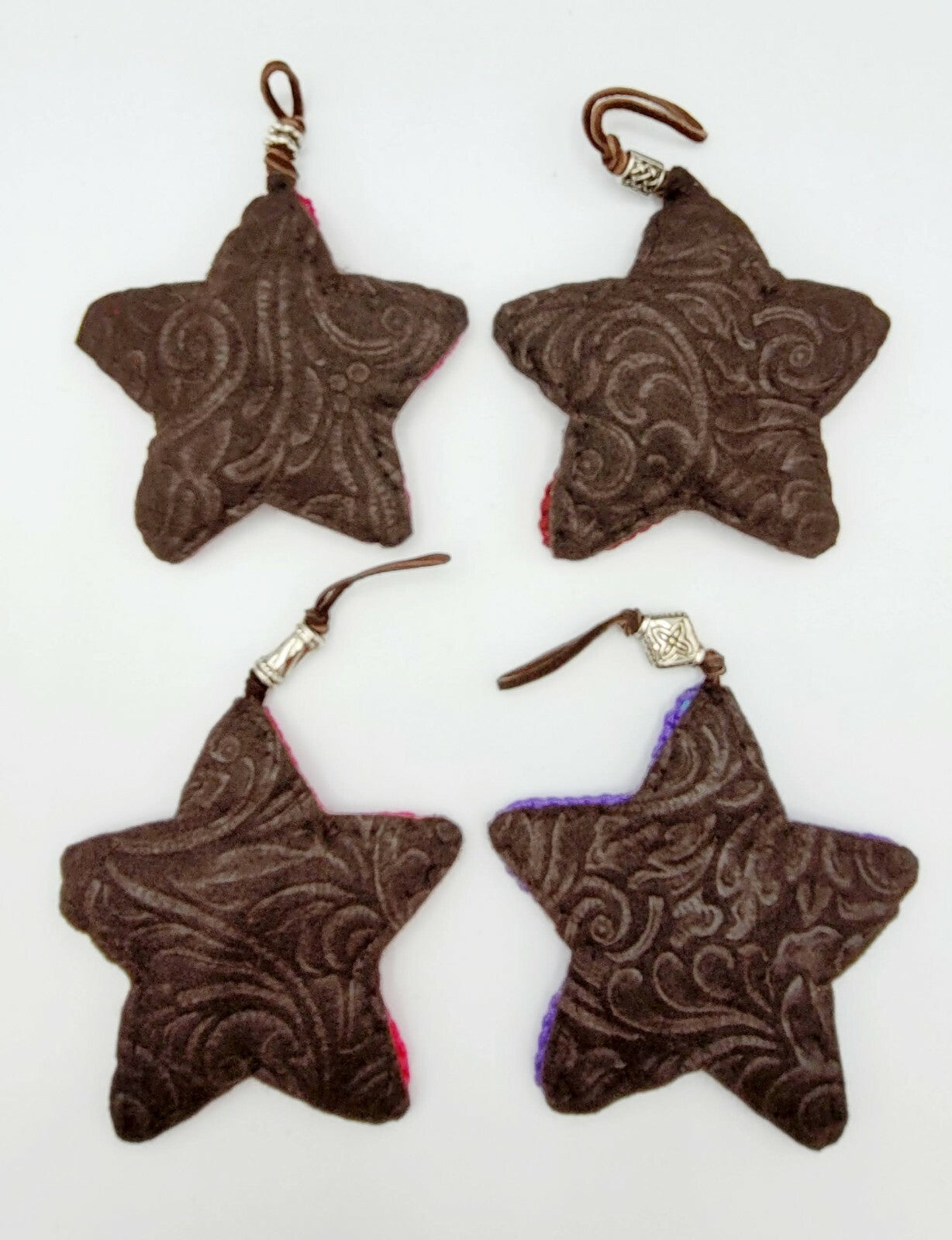 Crochet Knit Star Ornaments Lot of 4 Multi color Felt Back Leather hanger 4 in