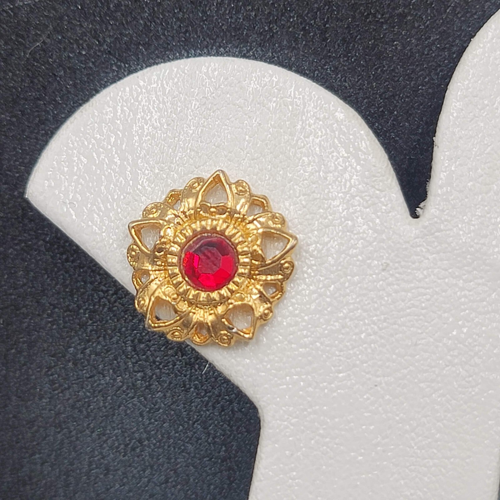 Vintage Pierced Earrings Gold Plated Red Stone Heart Studs 5/8"
