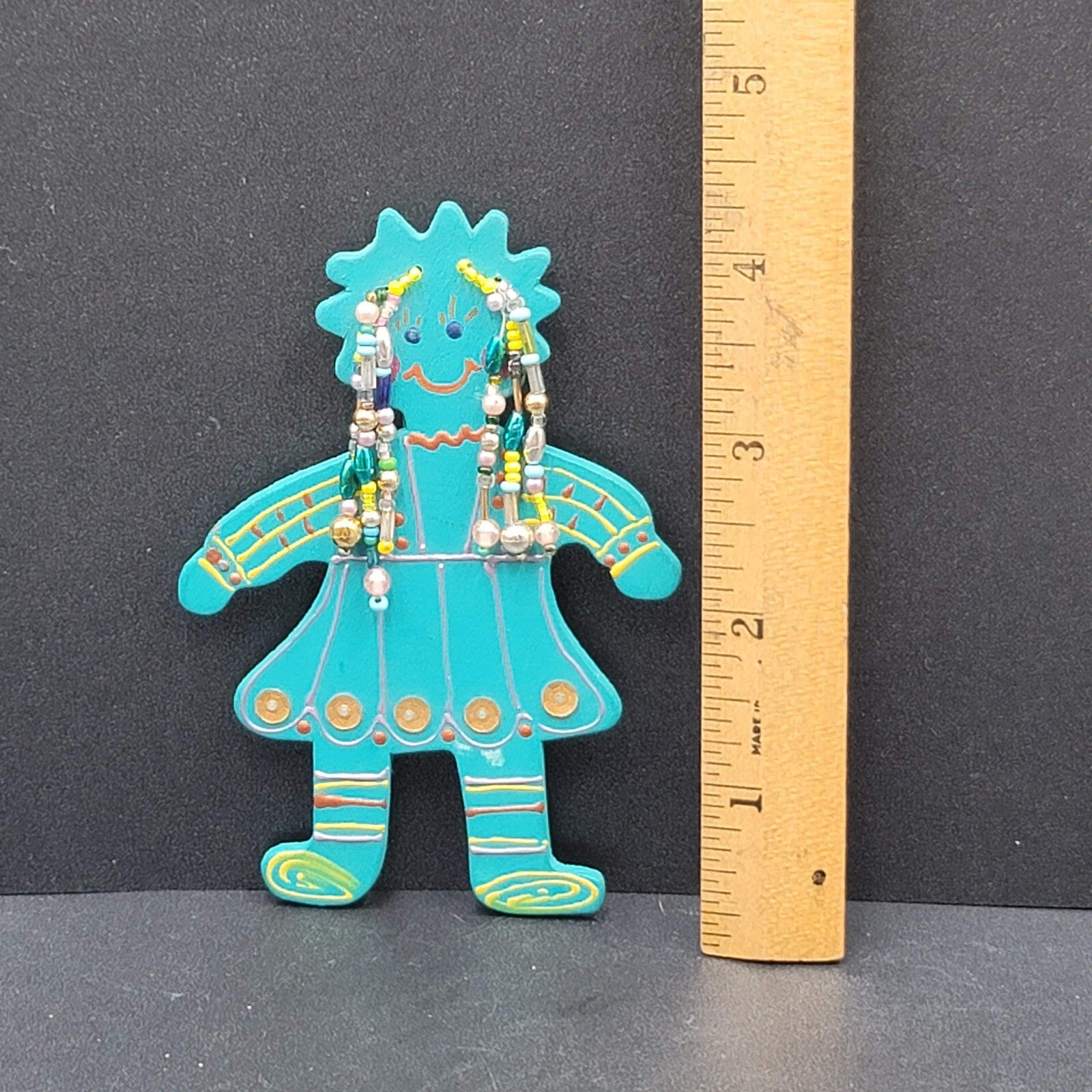 Vintage Brooch Large Handmade Girl Figure Painted Beaded Hair 4"