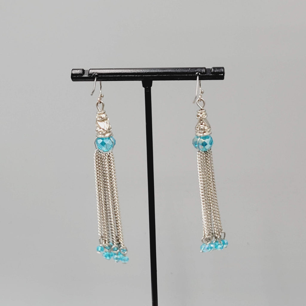 Dangle Chains Pierced Earrings Blue Crystal Beads Tassel 2.5"