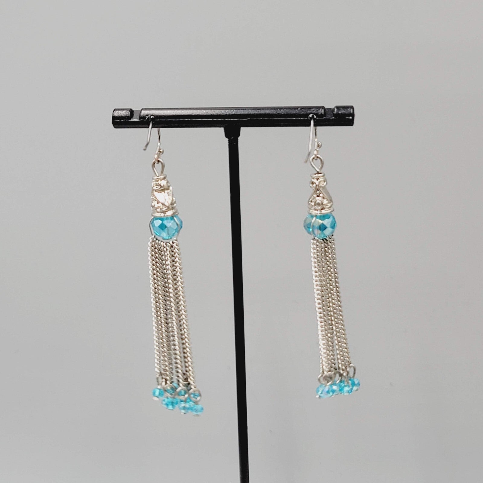 Dangle Chains Pierced Earrings Blue Crystal Beads Tassel 2.5"