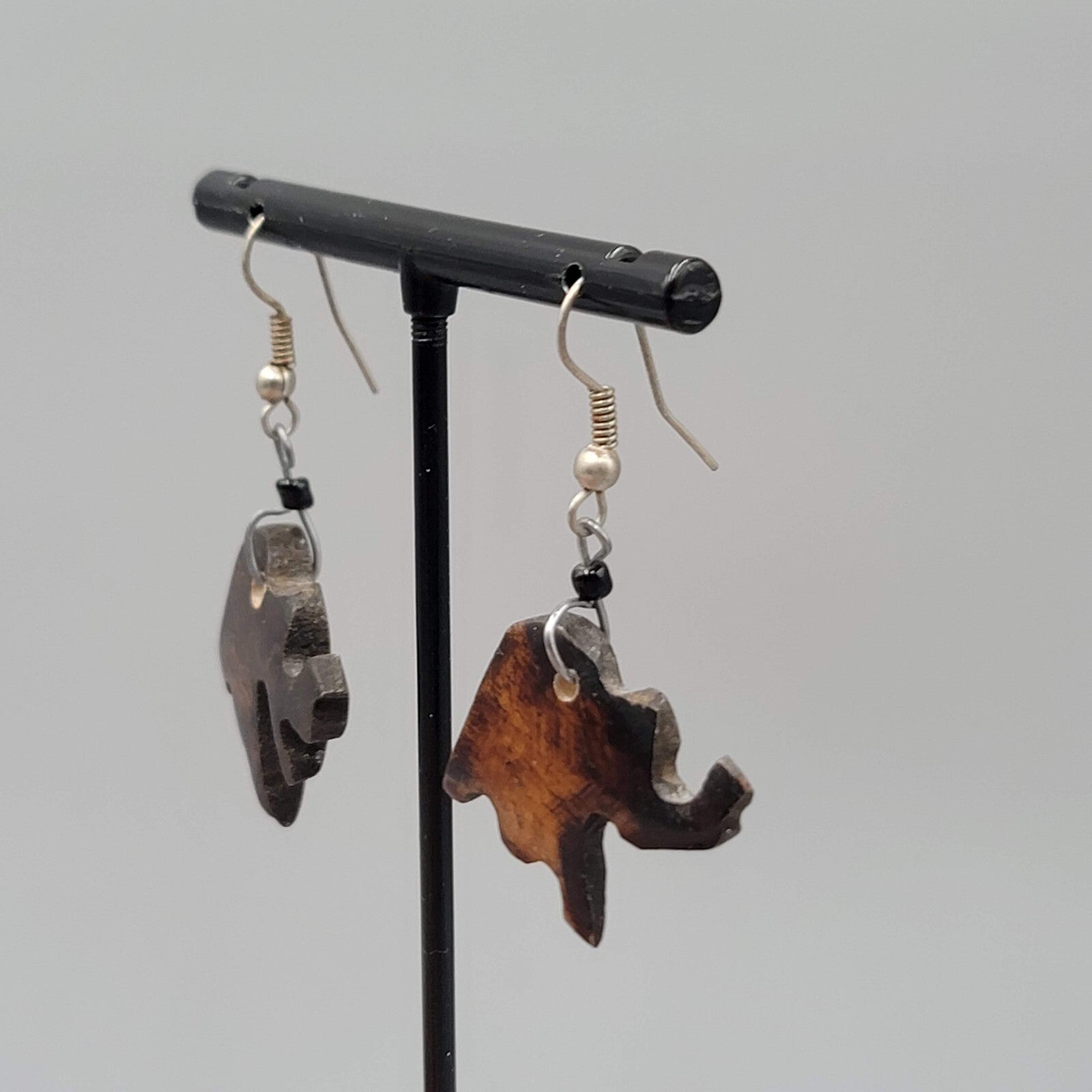 Vintage Elephant Pierced Earrings Hand Carved Wood Dangle Silver tone Hooks 1"