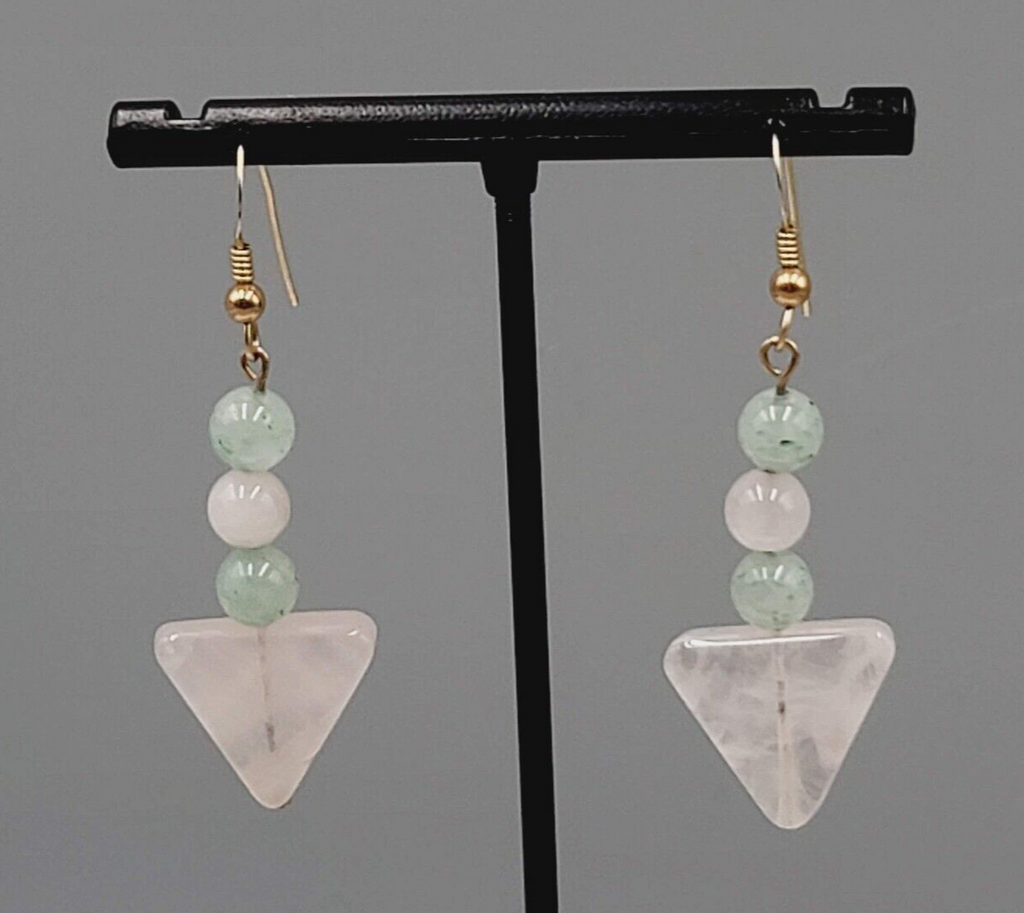 Pink Green Quartz Bead Pierced Earrings Gold tone Dangle 1.5"