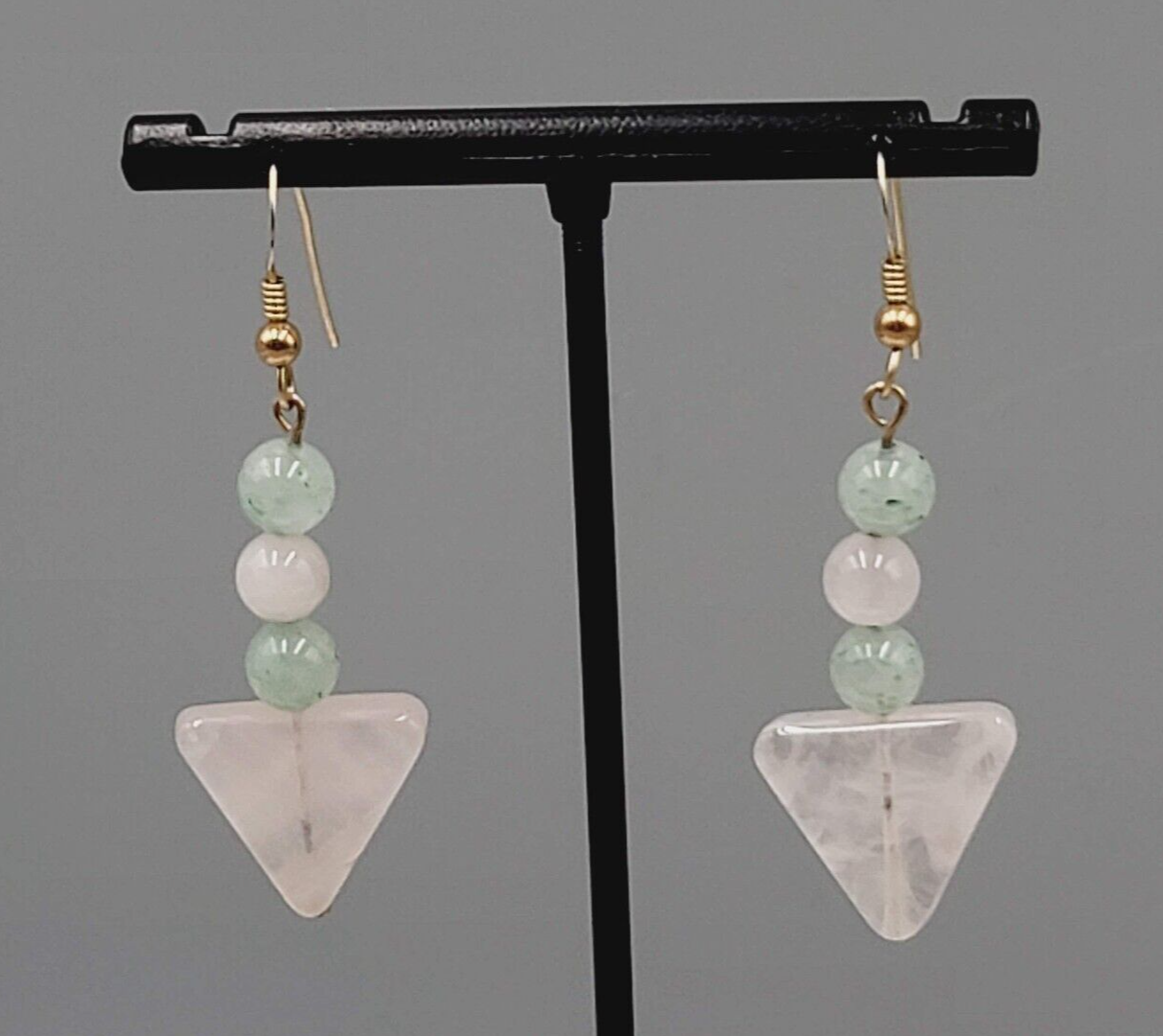 Pink Green Quartz Bead Pierced Earrings Gold tone Dangle 1.5"