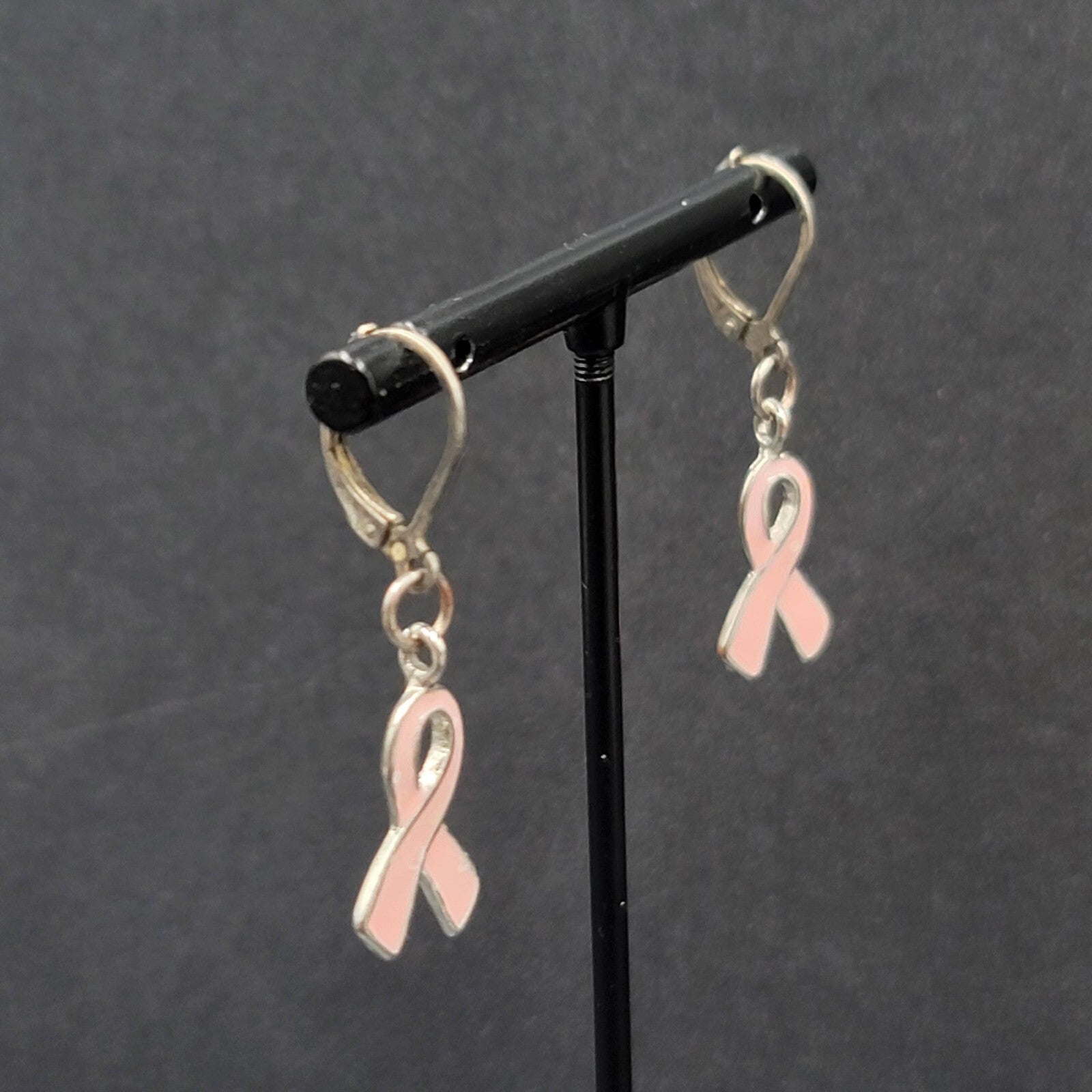 Pierced Earrings Silver tone Pink Enamel Breast Cancer Awareness Ribbon 3/4"