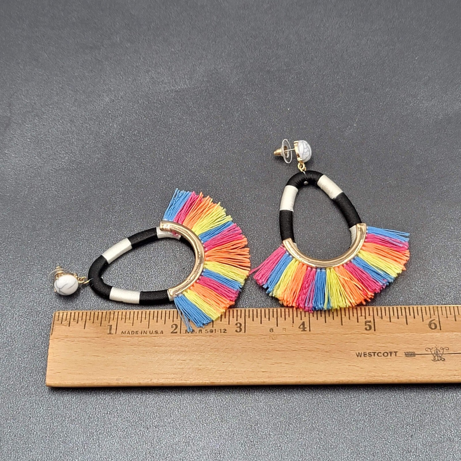 SugarFix Pierced Earrings Rainbow Black White Tassel Dangle Hoops 3"