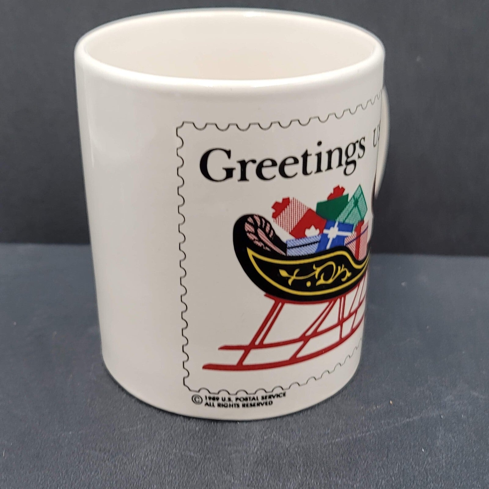 US Postal Service USPS Postage Stamp Coffee Mug Christmas Sleigh Greetings 1989