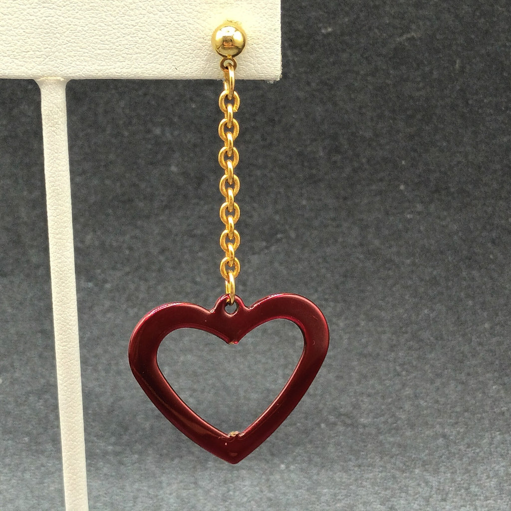 Pierced Earrings Gold tone Chain Sparkle Red Enamel Open Heart 2 1/2"