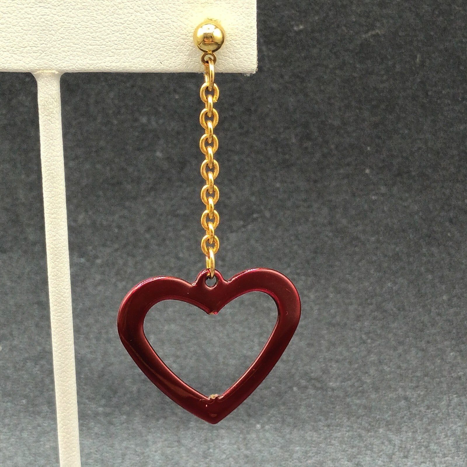 Pierced Earrings Gold tone Chain Sparkle Red Enamel Open Heart 2 1/2"