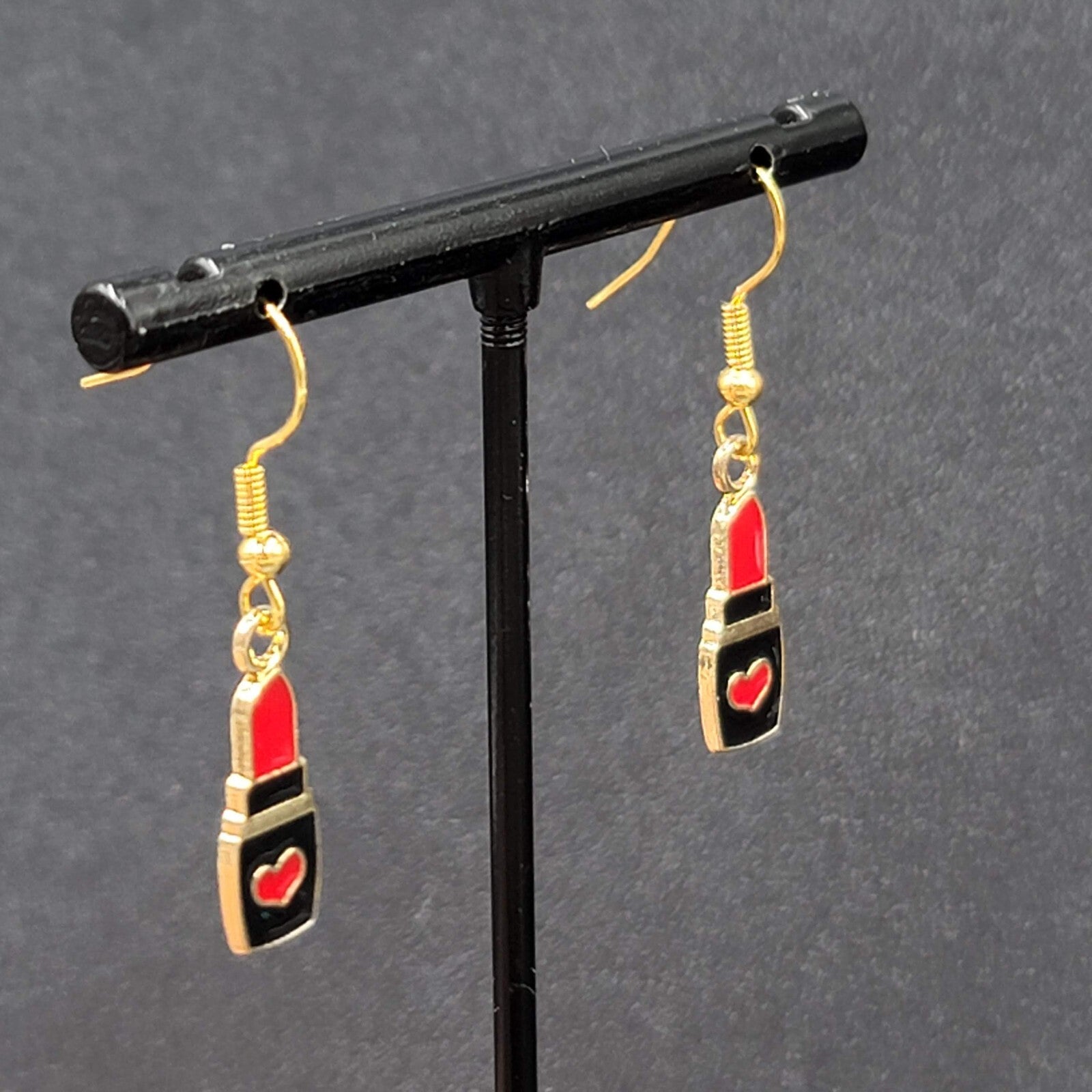 Lipstick Pierced Earrings Gold tone Red Heart Black Enamel Dangle 3/4"