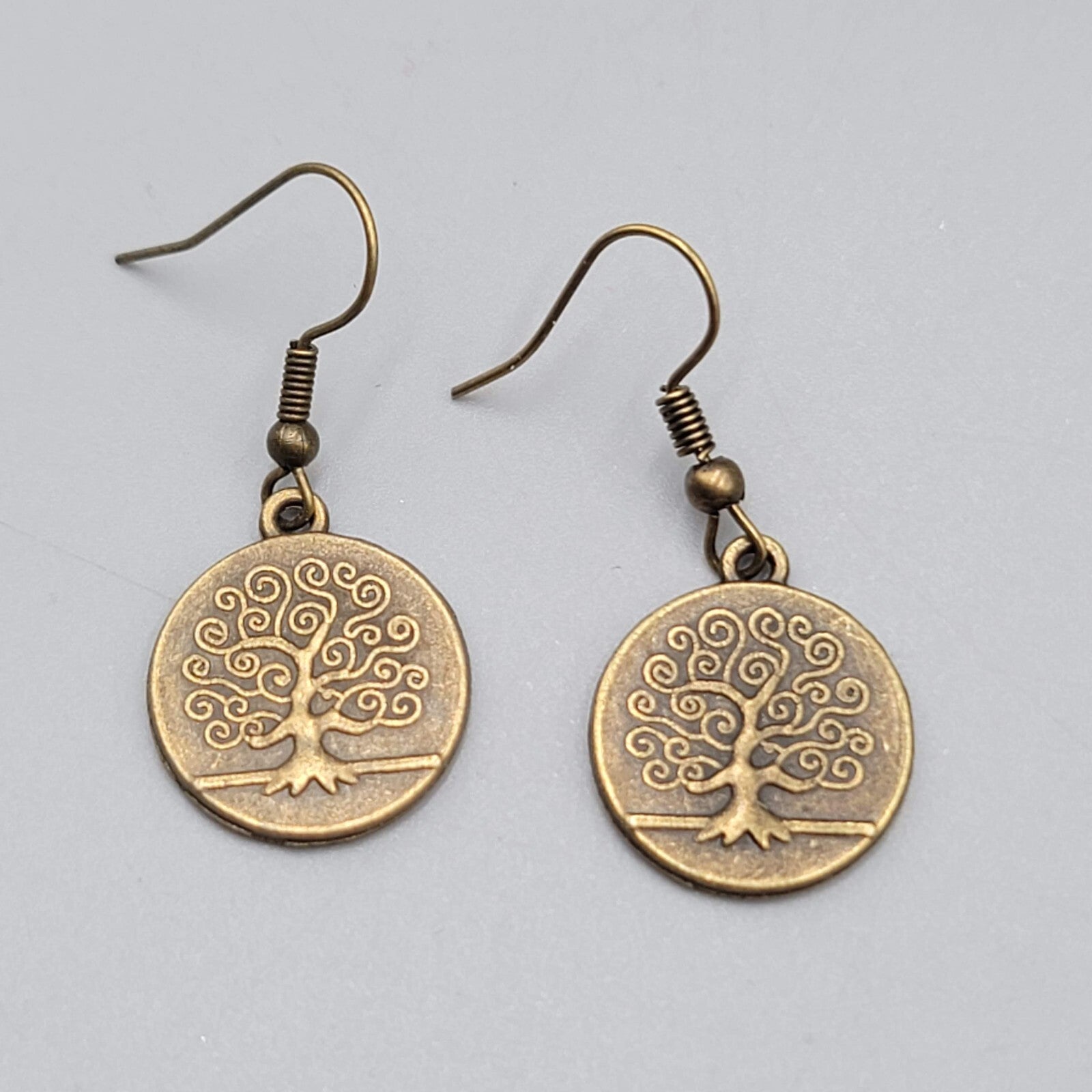 Round Tree Pierced Earrings Bronze tone Embossed Dangle 5/8"
