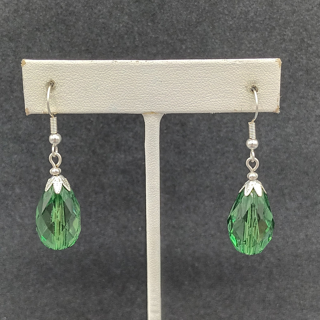 Pierced Earrings Silver tone Acrylic Green Faceted Teardrop Dangle 1"