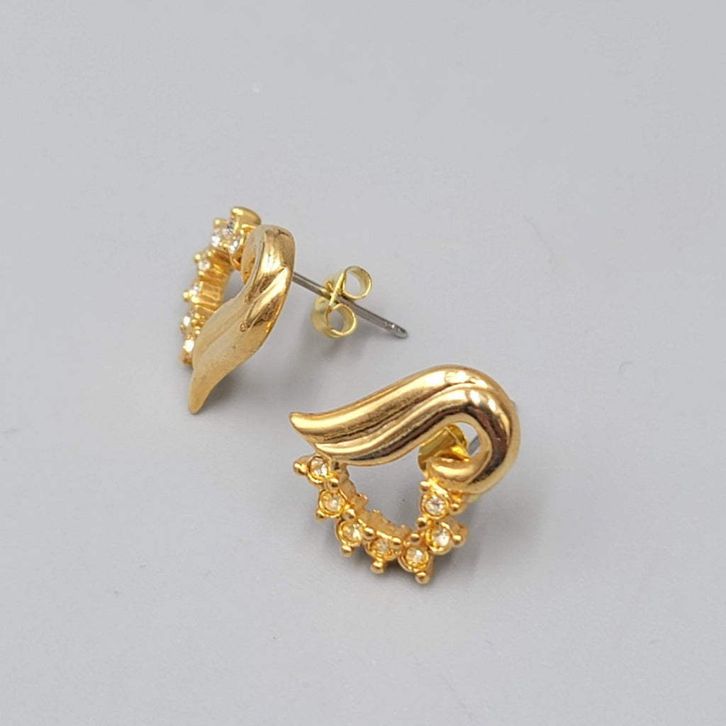 Vintage Open Heart Studs Pierced Earrings Gold Plated CZ 5/8"