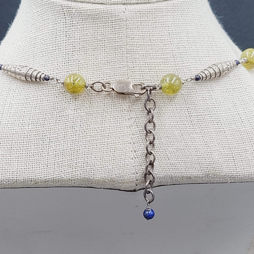 Sterling Silver Necklace Green Glass Blue Lapis Beads 18"-20"