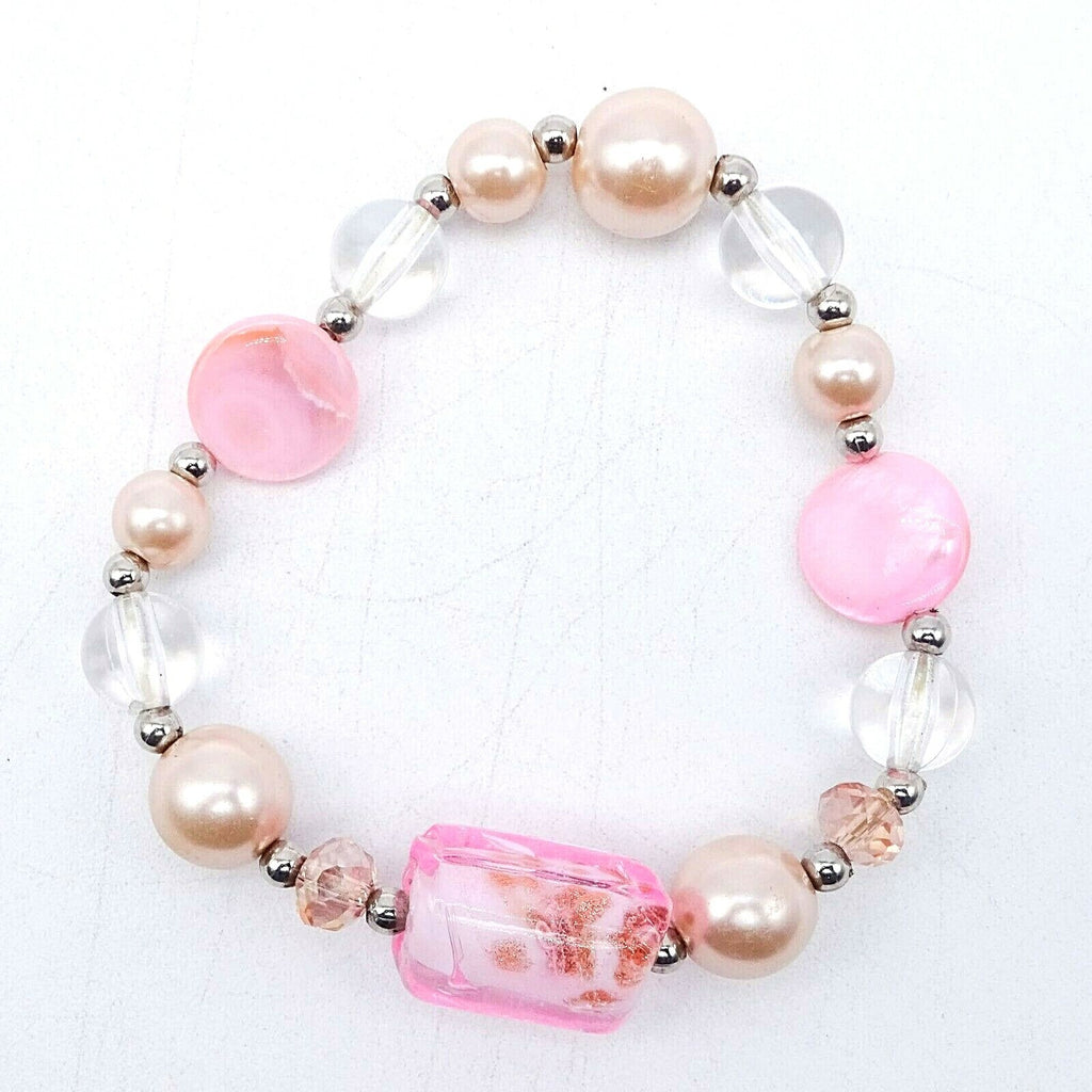 Pink Art Glass Bracelet Shell Faux Pearl Stretch Elastic Silver tone